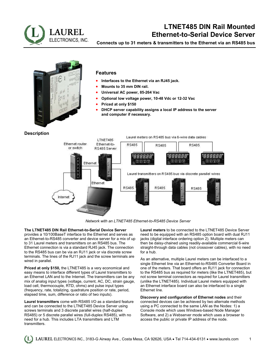 Laurel Electronics LTNET485 DIN Rail Mounted Ethernet-to-Serial Device Server User Manual | 2 pages