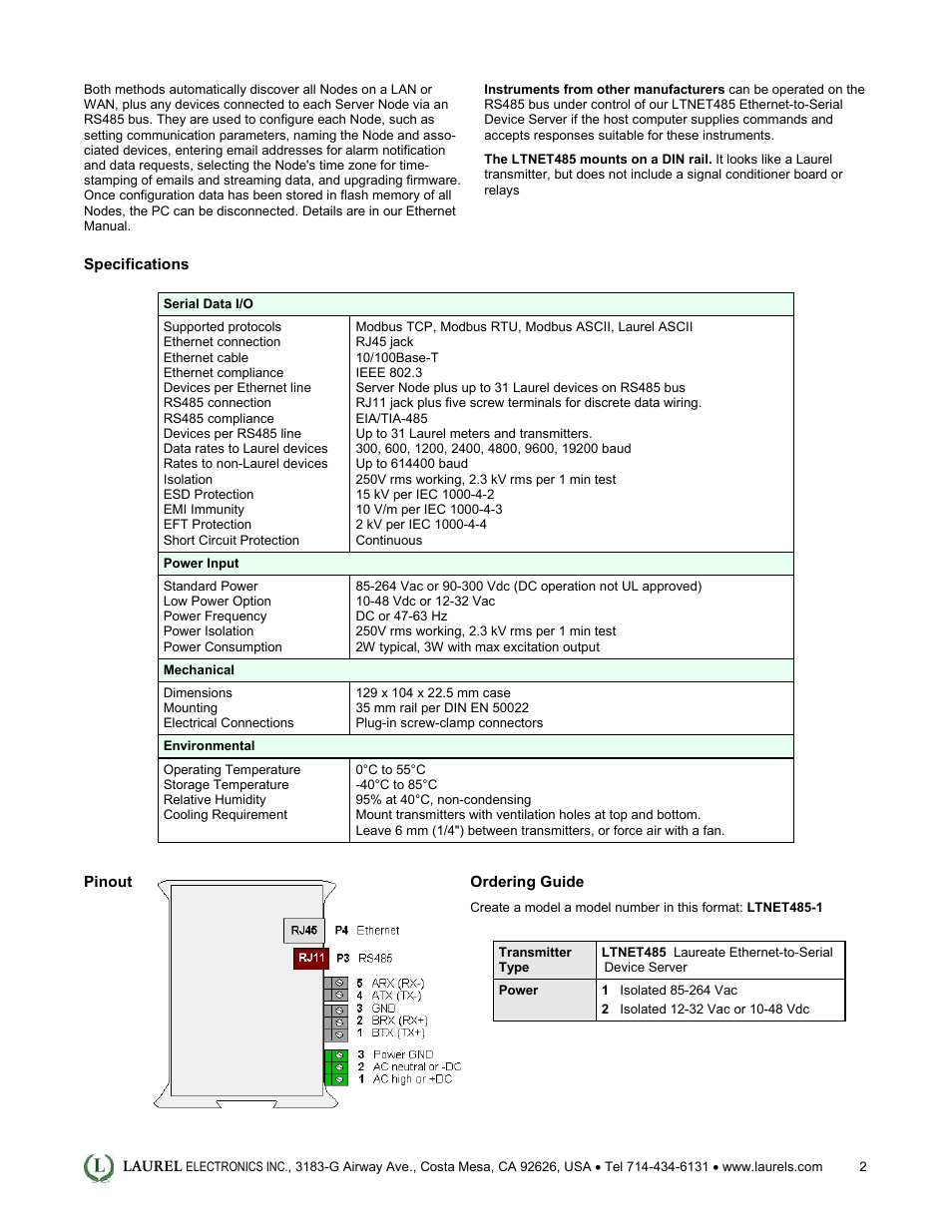 Laurel Electronics LTNET485 DIN Rail Mounted Ethernet-to-Serial Device Server User Manual | Page 2 / 2