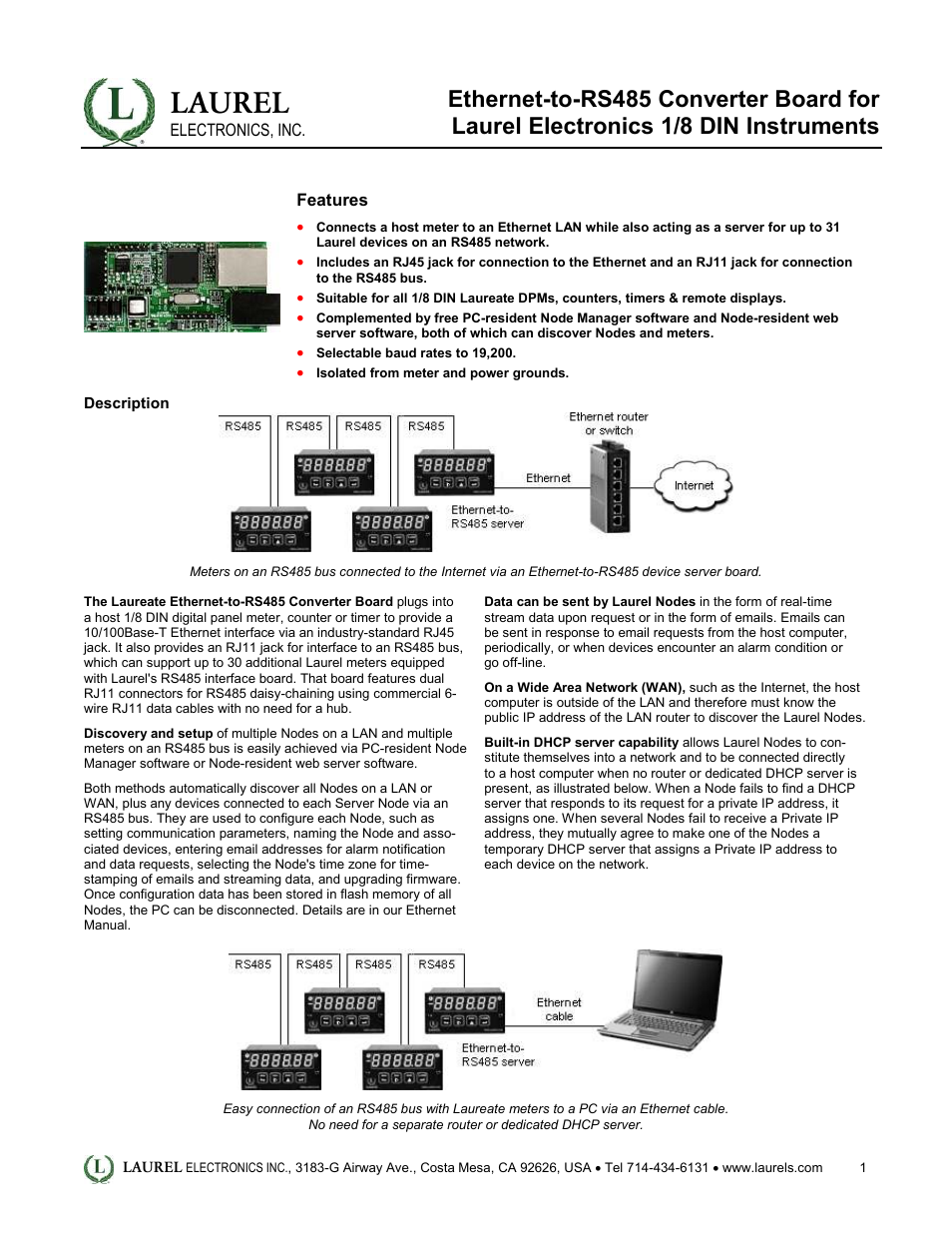 Laurel Electronics Ethernet-to-RS485 Converter Board for Laurel Electronics 1_8 DIN Instruments User Manual | 2 pages