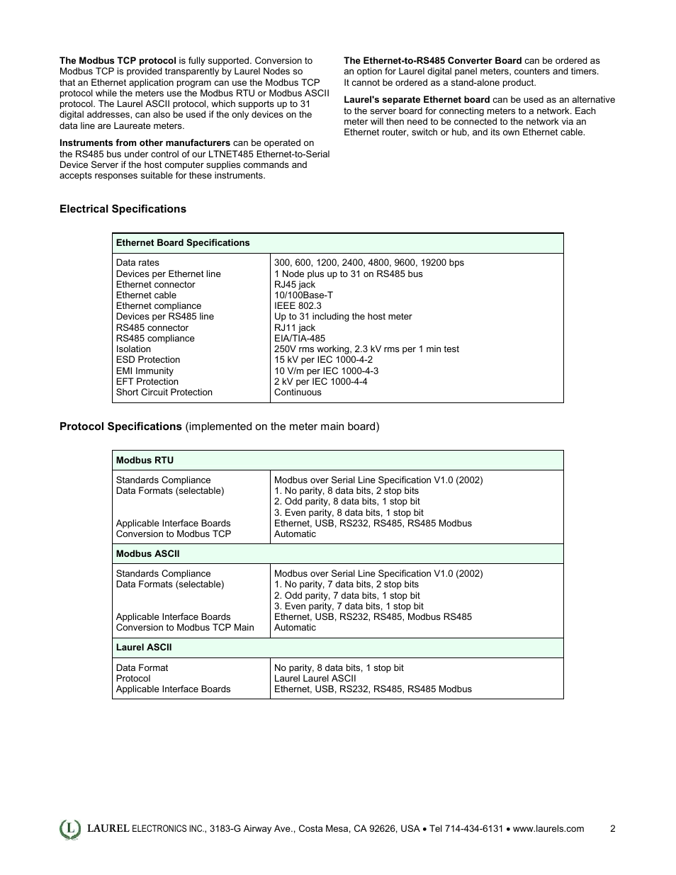 Laurel Electronics Ethernet-to-RS485 Converter Board for Laurel Electronics 1_8 DIN Instruments User Manual | Page 2 / 2