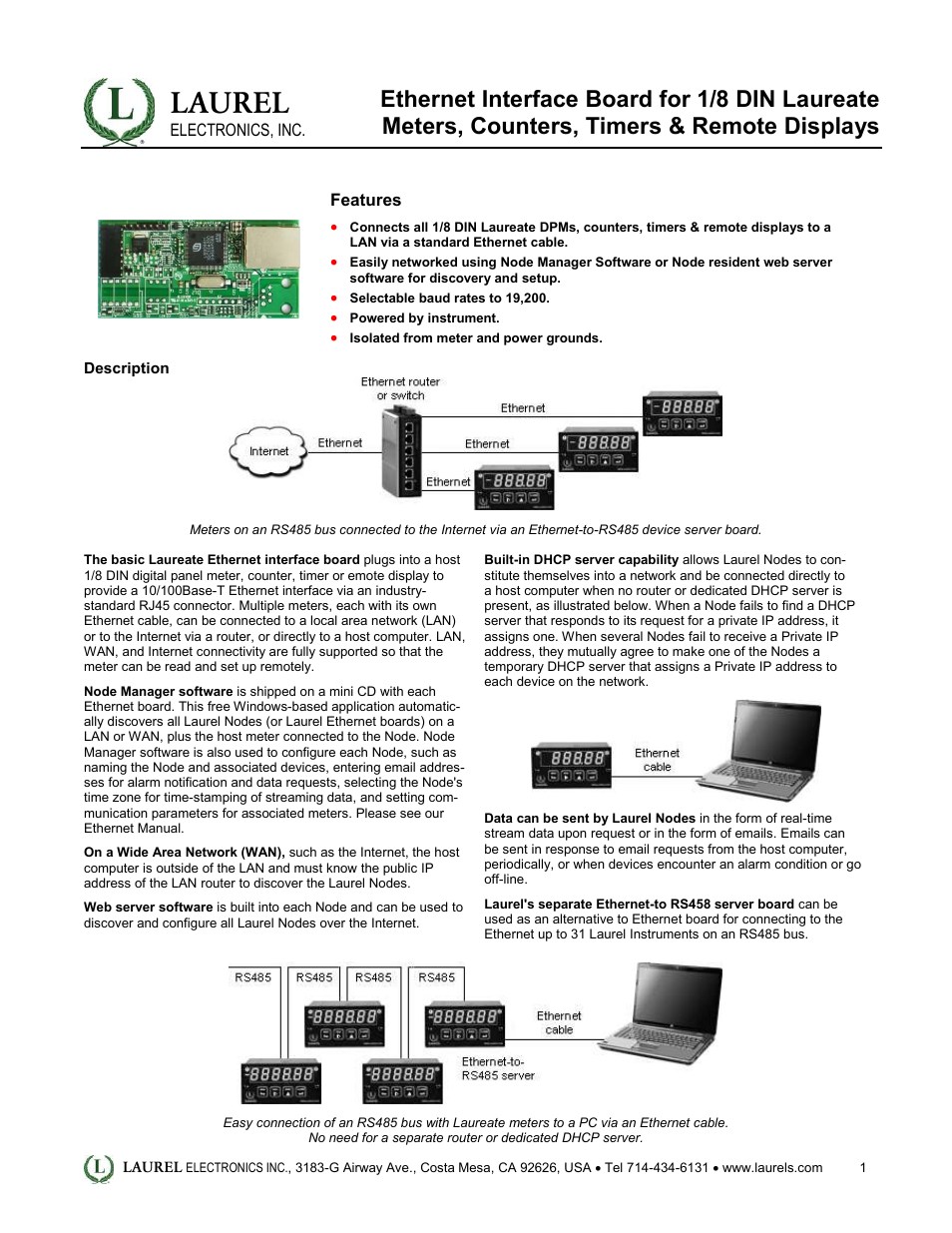 Laurel Electronics Ethernet Interface Board for 1_8 DIN Laureate Meters, Counters, Timers & Remote Displays User Manual | 2 pages