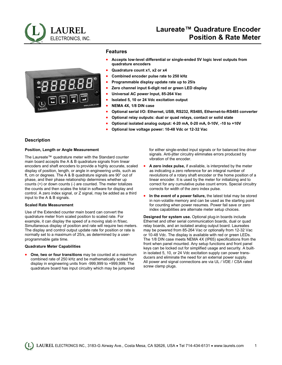 Laurel Electronics Laureate Quadrature Encoder Position & Rate Meter User Manual | 5 pages