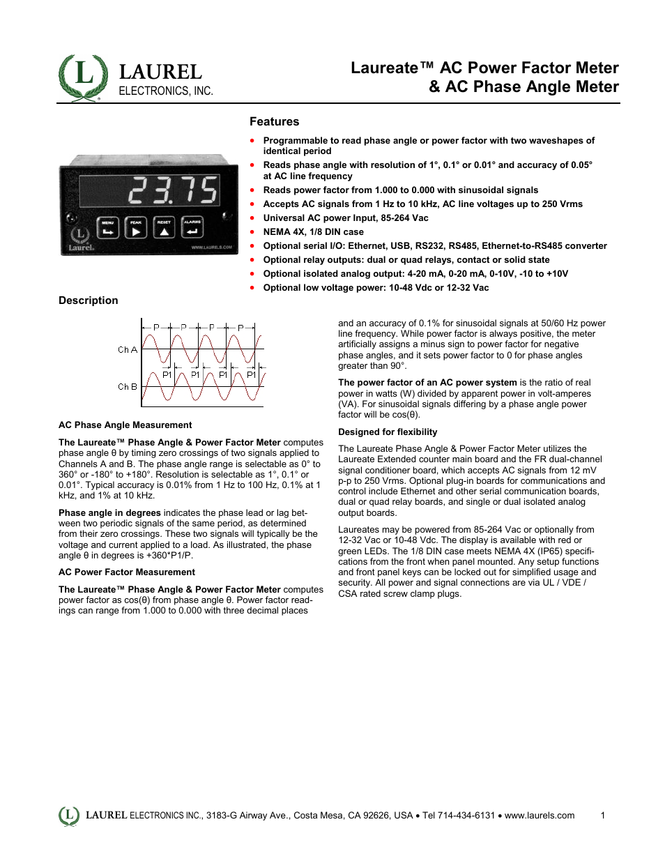 Laurel Electronics Laureate AC Power Factor Meter & AC Phase Angle Meter User Manual | 5 pages