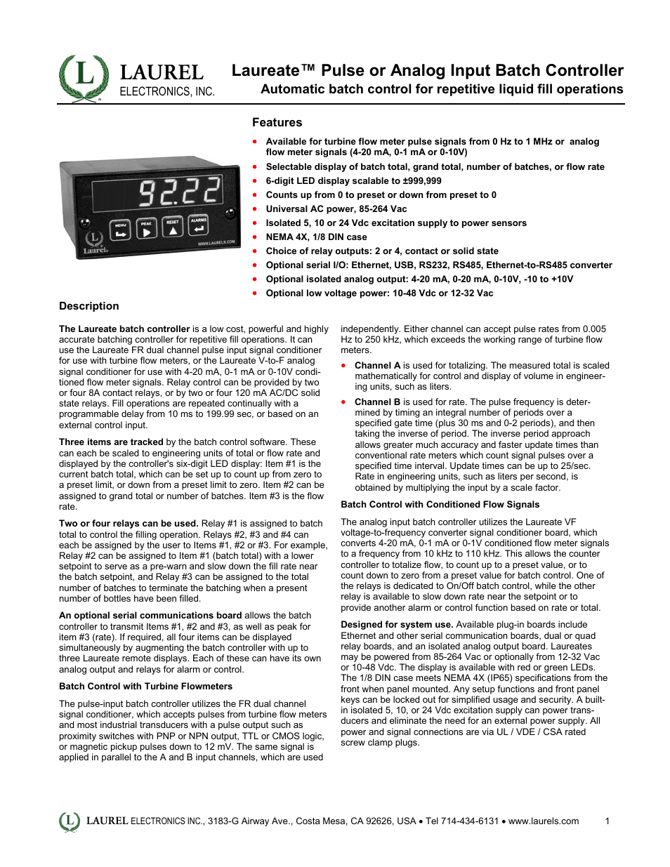 Laurel Electronics Laureate Pulse or Analog Input Batch Controller User Manual | 5 pages