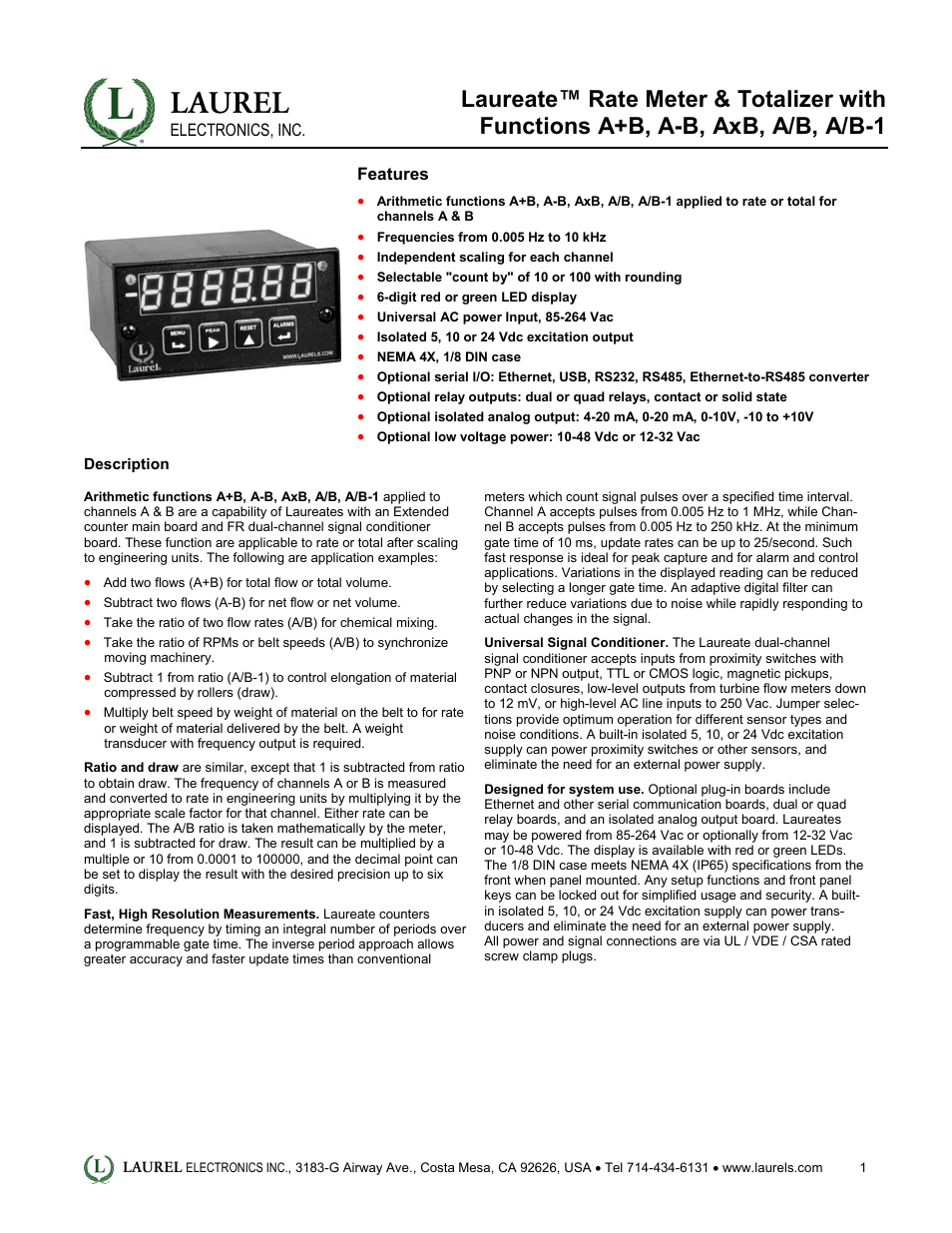 Laurel Electronics Laureate Rate Meter & Totalizer with Functions A+B, A-B, AxB, A_B, A_B-1 User Manual | 5 pages