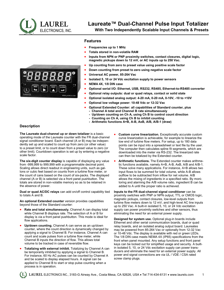 Laurel Electronics Laureate Dual-Channel Pulse Input Totalizer User Manual | 5 pages