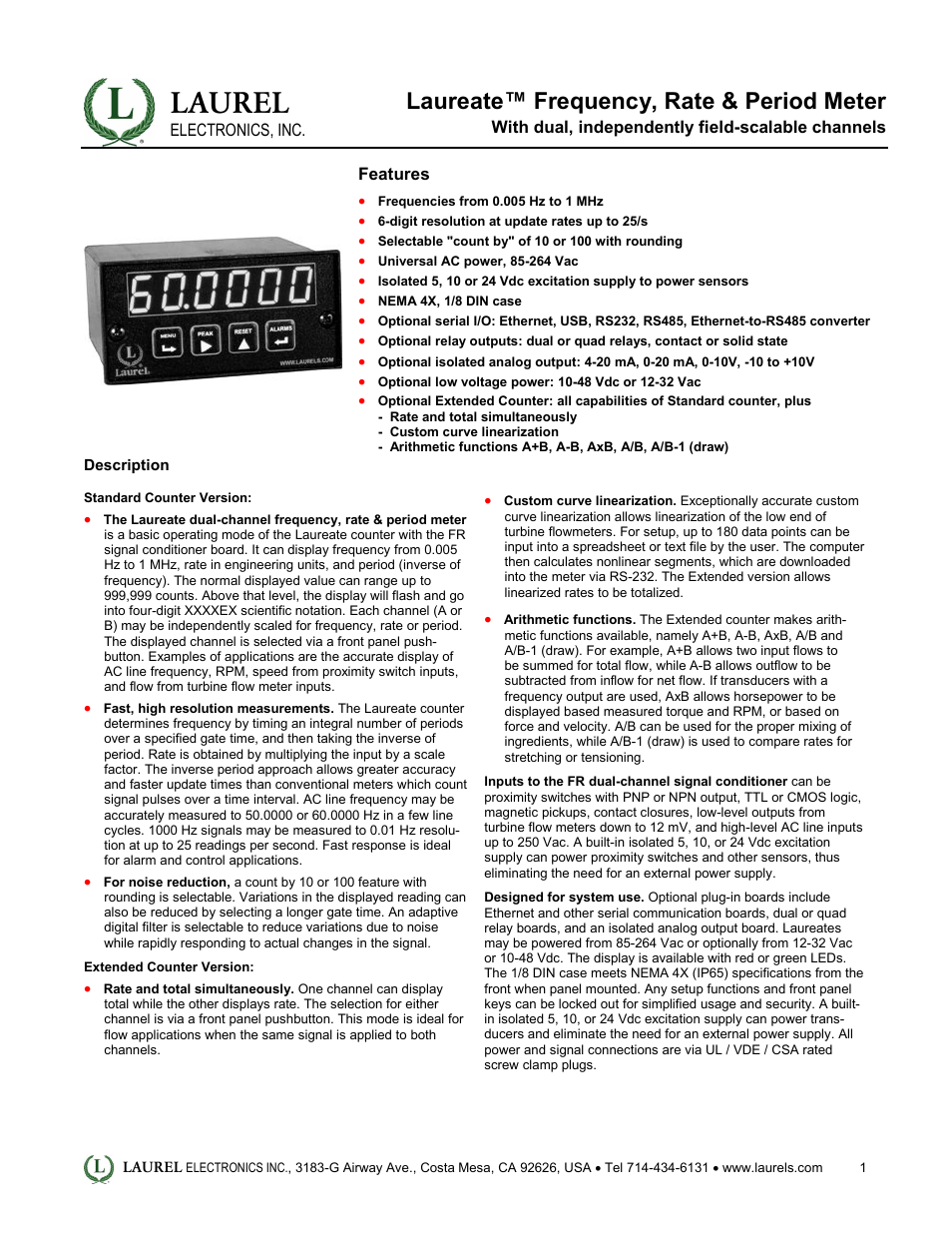 Laurel Electronics Laureate Frequency, Rate & Period Meter User Manual | 5 pages