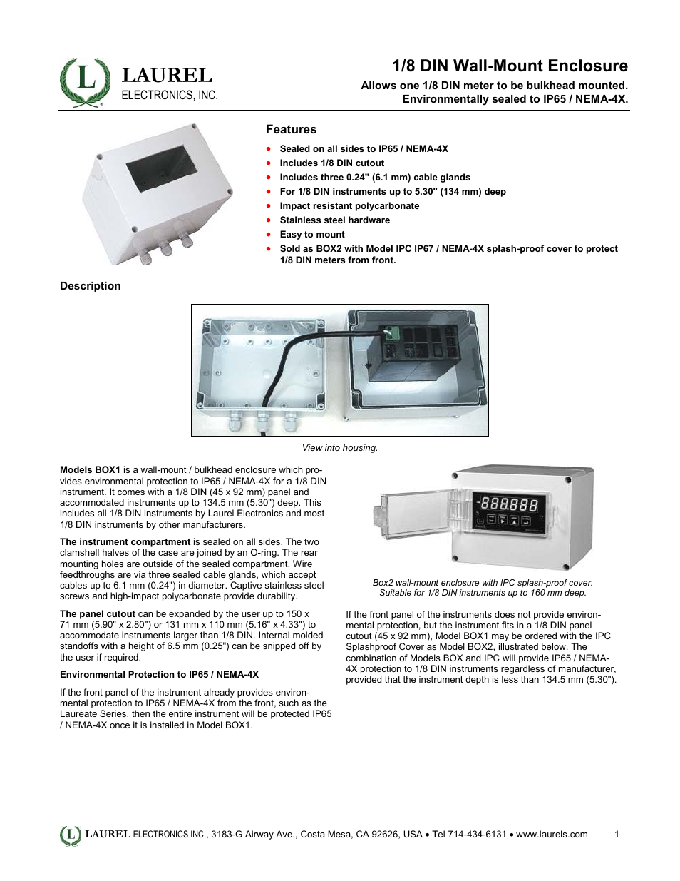 Laurel Electronics IP67 - NEMA-4X 1_8 DIN Wall-Mount Enclosure User Manual | 2 pages