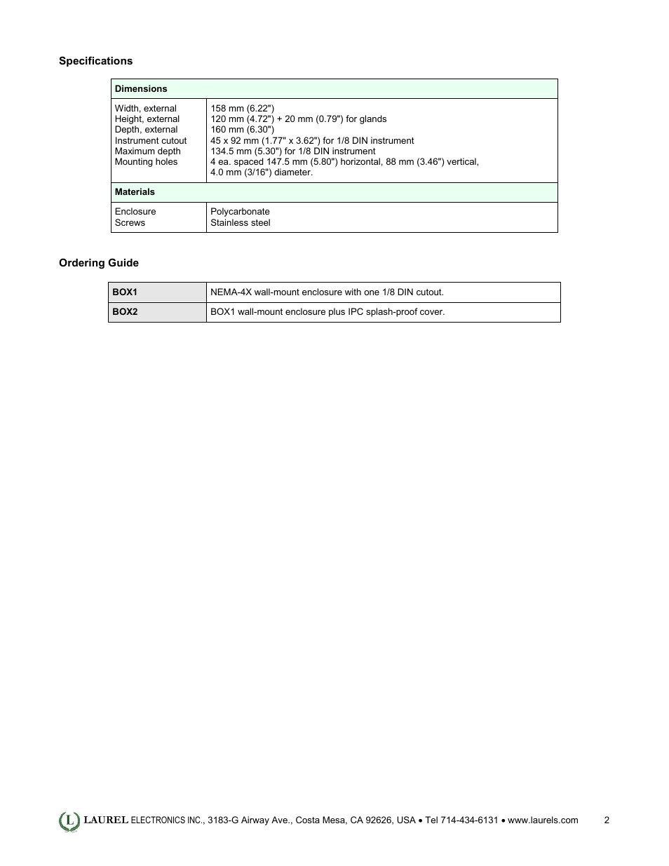 Laurel Electronics IP67 - NEMA-4X 1_8 DIN Wall-Mount Enclosure User Manual | Page 2 / 2