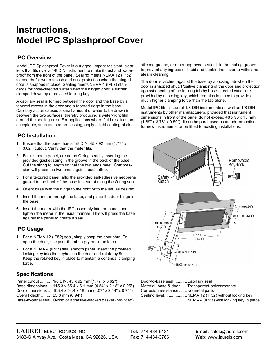 Laurel Electronics IPC Splashproof Cover - Manual User Manual | 1 page