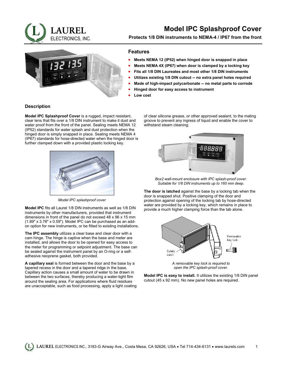 Laurel Electronics IPC Splashproof Cover - Datasheet User Manual | 2 pages