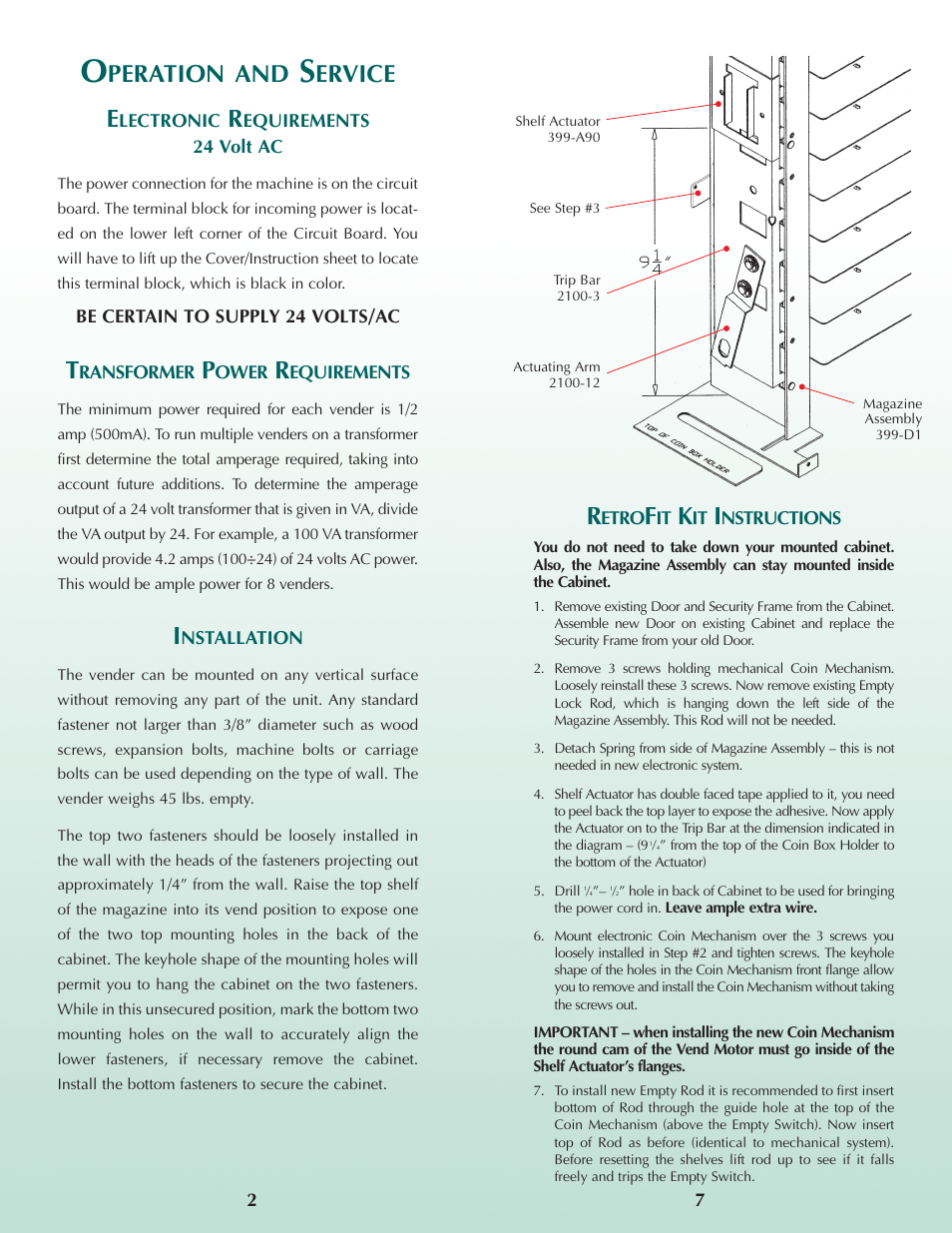 Peration and, Ervice e | Laurel Metal 399-D Diaper Vender User Manual | Page 2 / 4