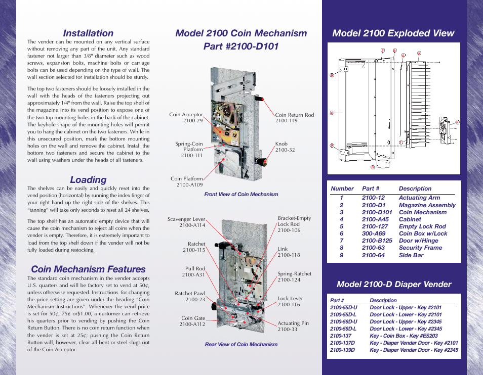2100in.pdf, Loading, Coin mechanism features | Model 2100-d diaper vender | Laurel Metal 2100 Drop Shelf Vender User Manual | Page 2 / 2