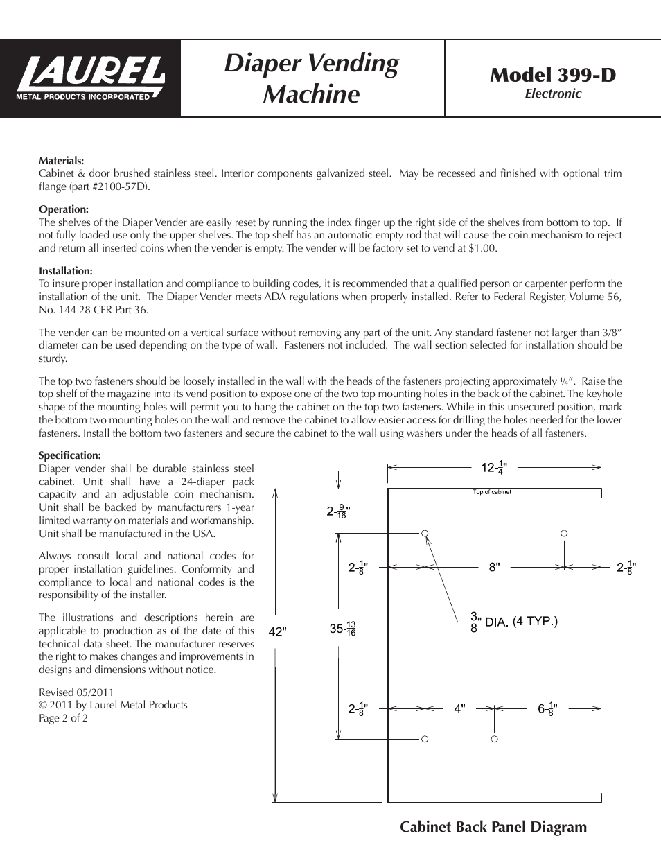 Diaper vending machine, Model 399-d | Laurel Metal 399-D Diaper Vender User Manual | Page 2 / 2