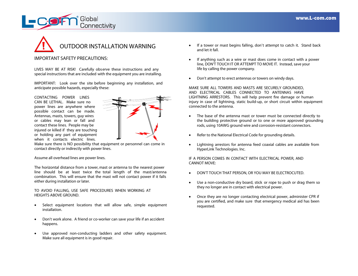 L-com Antenna Installation Safety Precautions User Manual | 1 page