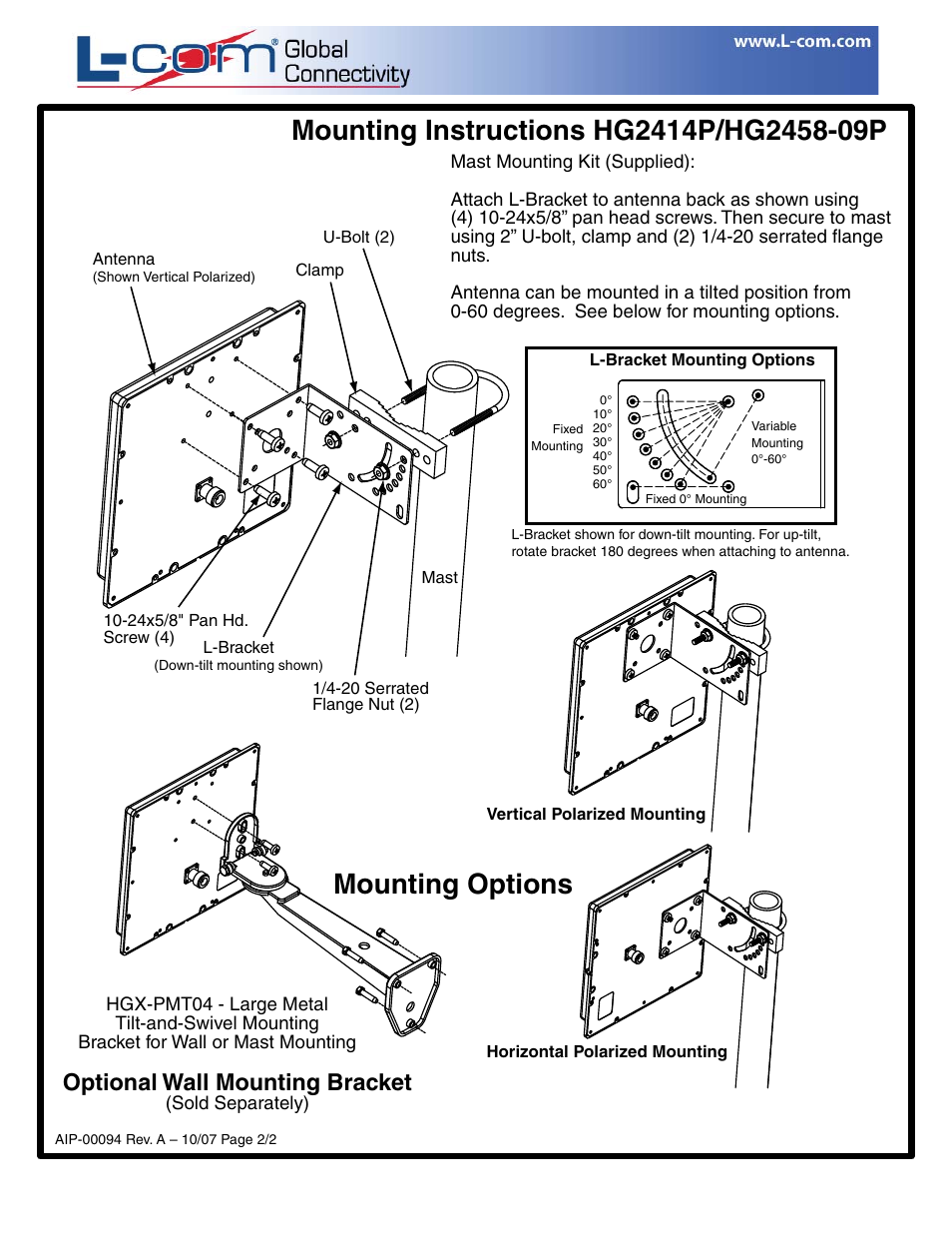 Mounting options, Optional wall mounting bracket | L-com HG2414P, HG2458-09P User Manual | Page 2 / 2