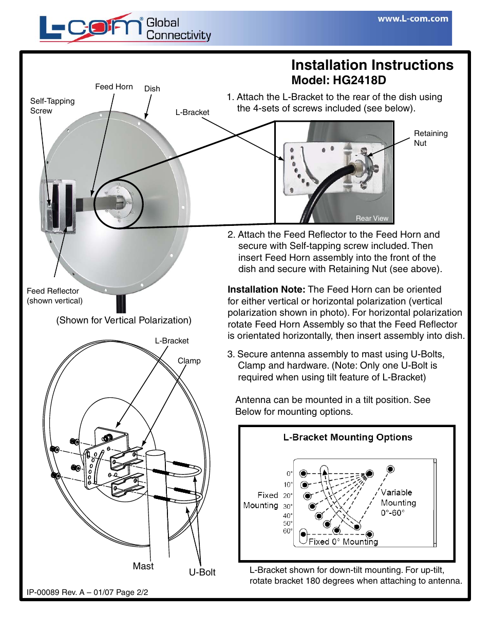 Ip-00089_p2.pdf, Installation instructions, Model: hg2418d | L-com HG2418D User Manual | Page 2 / 2