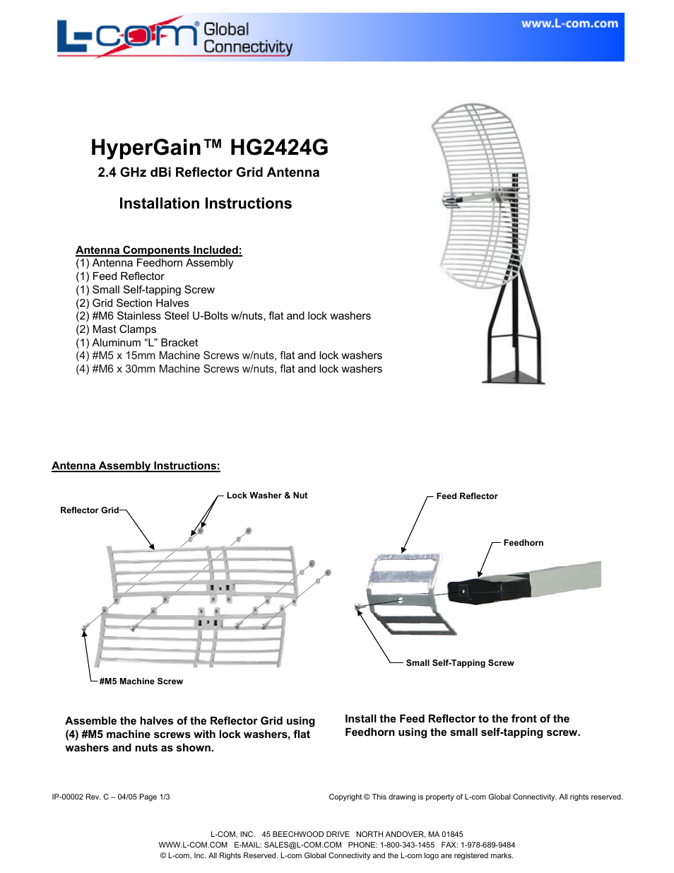 Hypergain™ hg2424g, Installation instructions, 4 ghz dbi reflector grid antenna | L-com HG2424G User Manual | Page 2 / 3