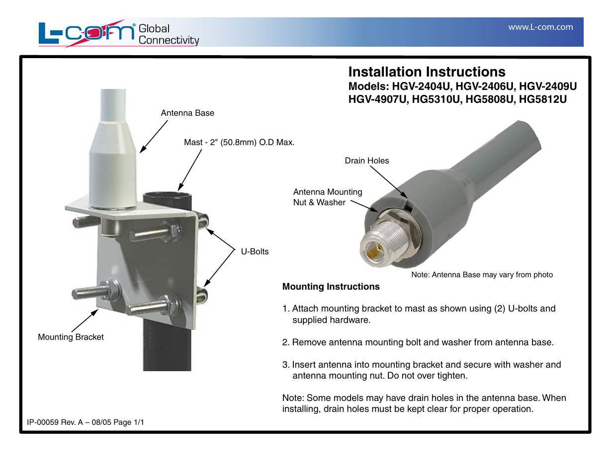 Ip-00059, Installation instructions | L-com HG5808U User Manual | Page 2 / 2