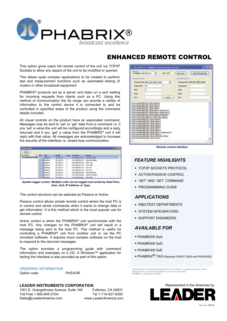LEADER PHABRIX ENHANCED REMOTE CONTROL User Manual | 1 page