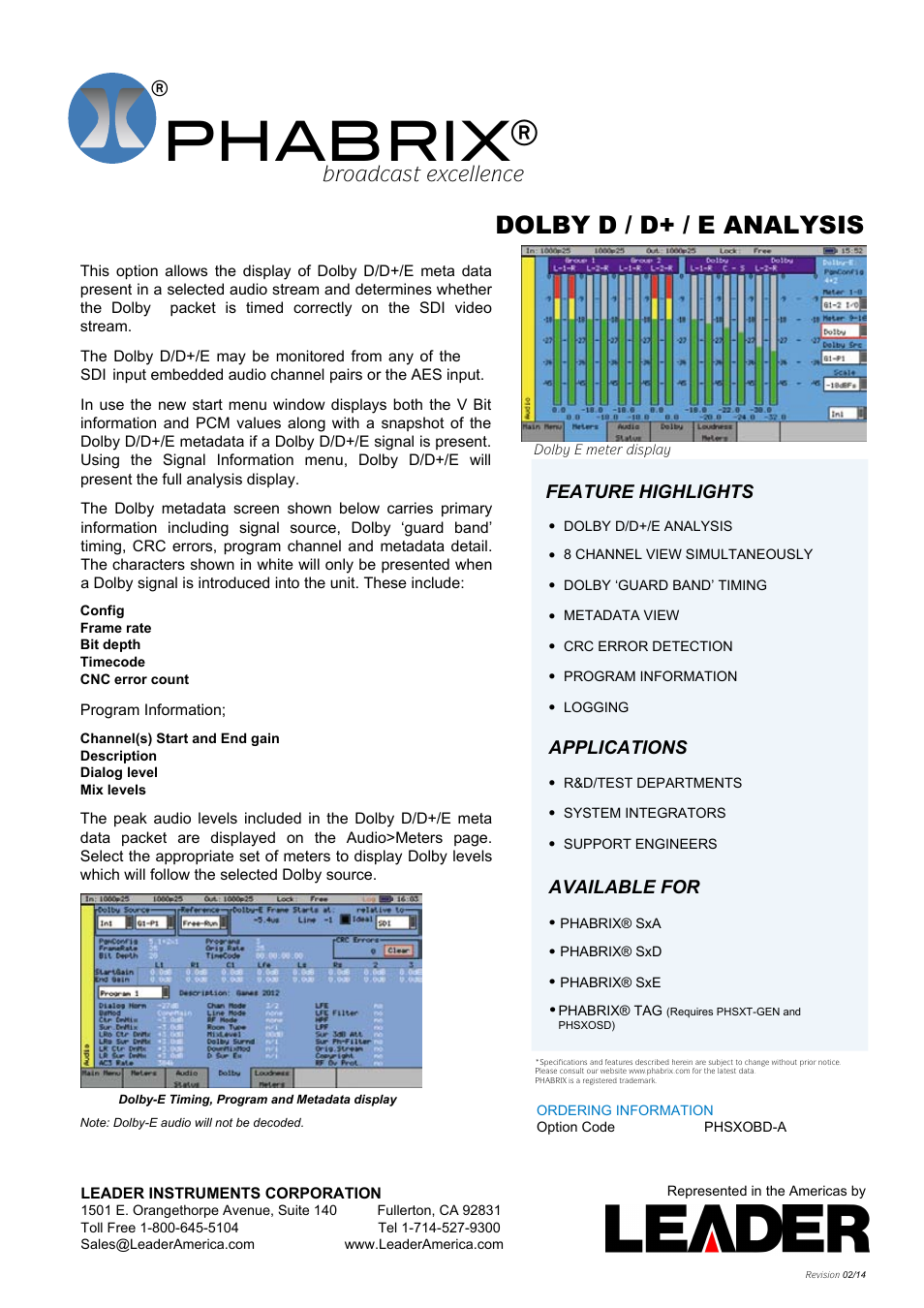 LEADER PHABRIX DOLBY D_D+_E ANALYSIS User Manual | 1 page