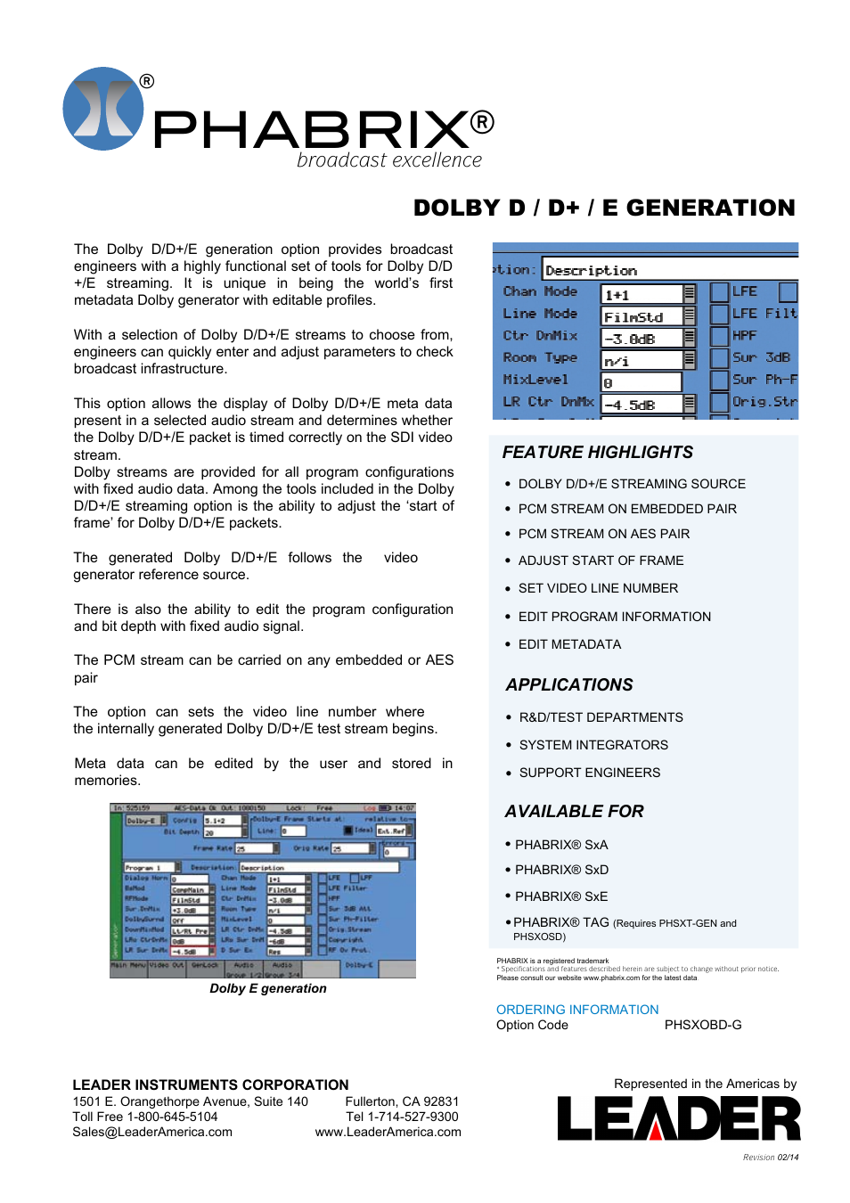 LEADER PHABRIX DOLBY D_D+_E GENERATION User Manual | 1 page