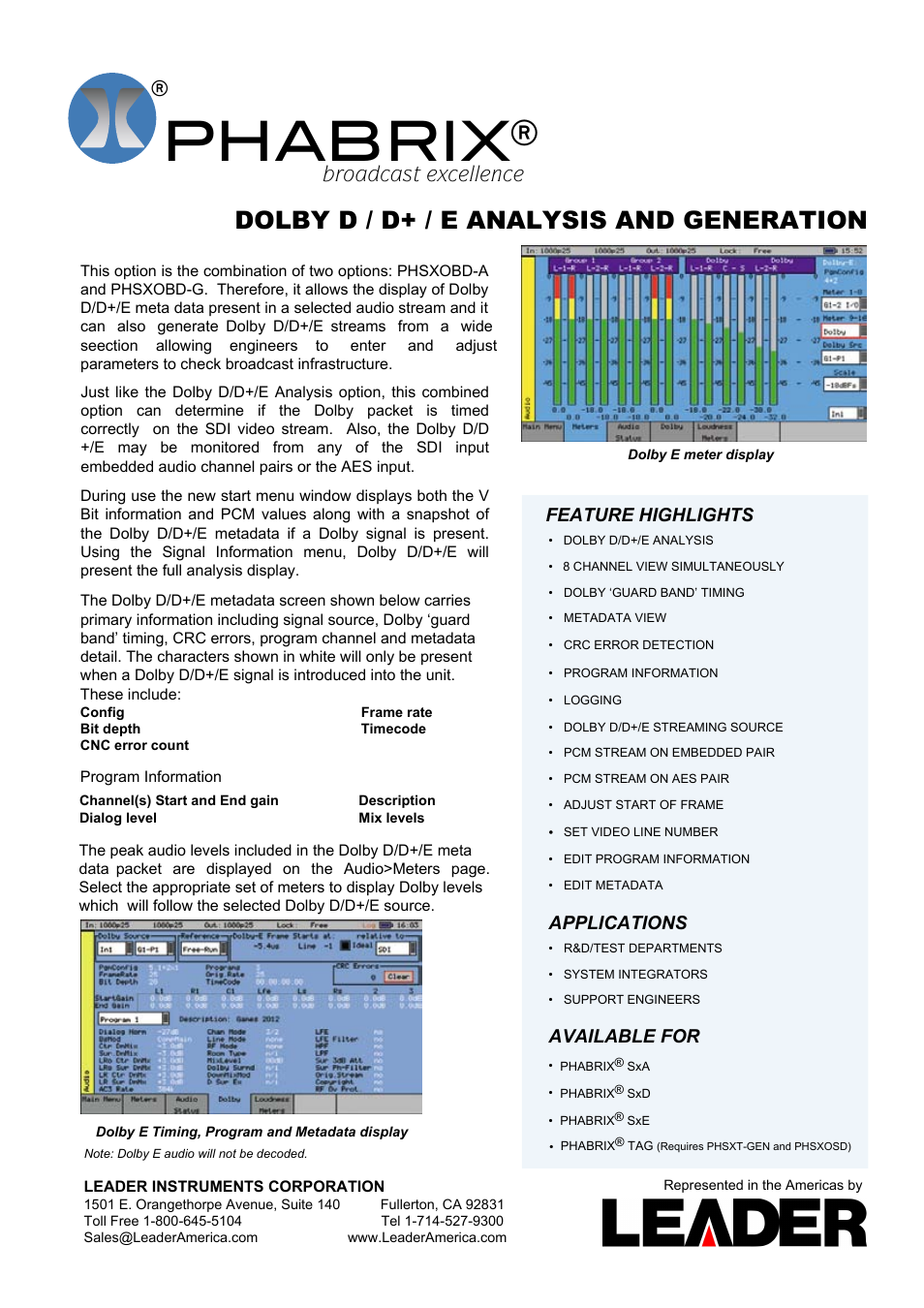LEADER PHABRIX DOLBY D_D+_E ANALYSIS AND GENERATION User Manual | 2 pages