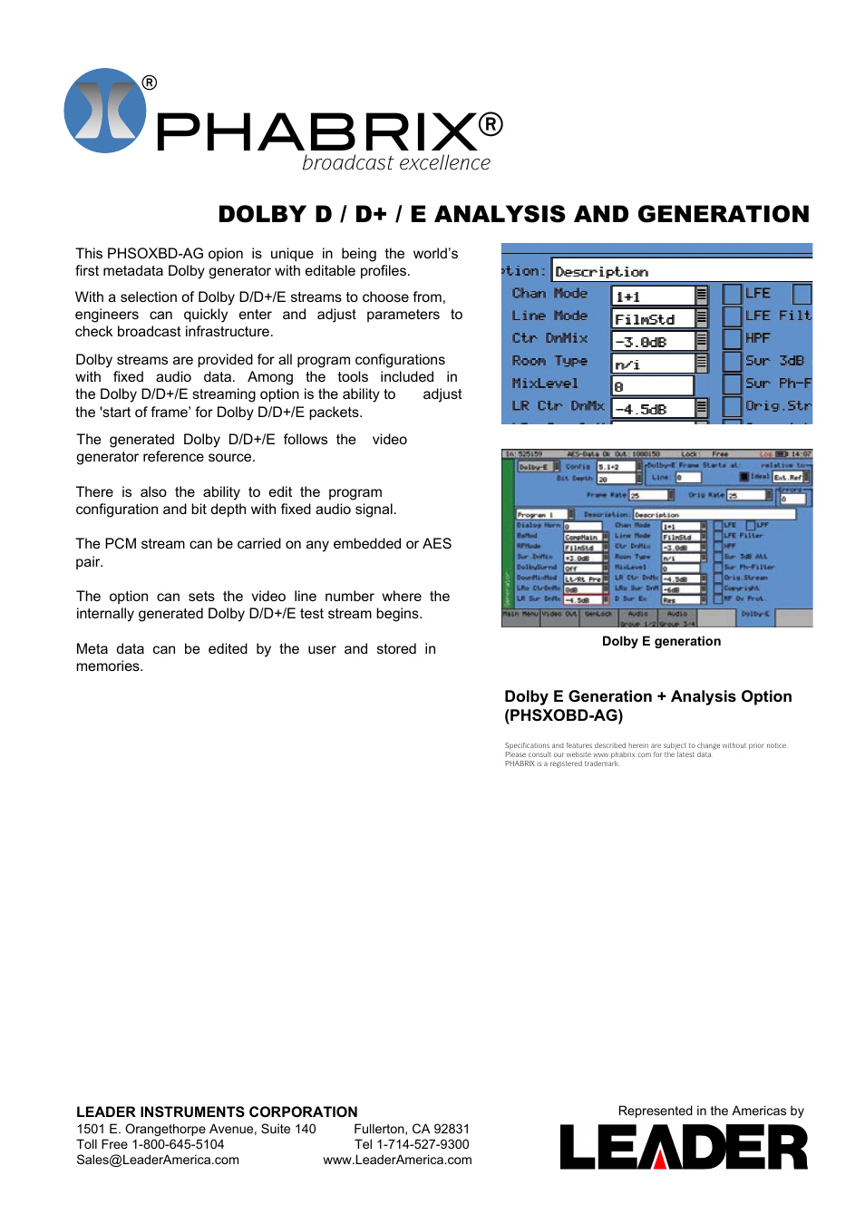 Phabrix, Dolby d / d+ / e analysis and generation, Broadcast excellence | LEADER PHABRIX DOLBY D_D+_E ANALYSIS AND GENERATION User Manual | Page 2 / 2