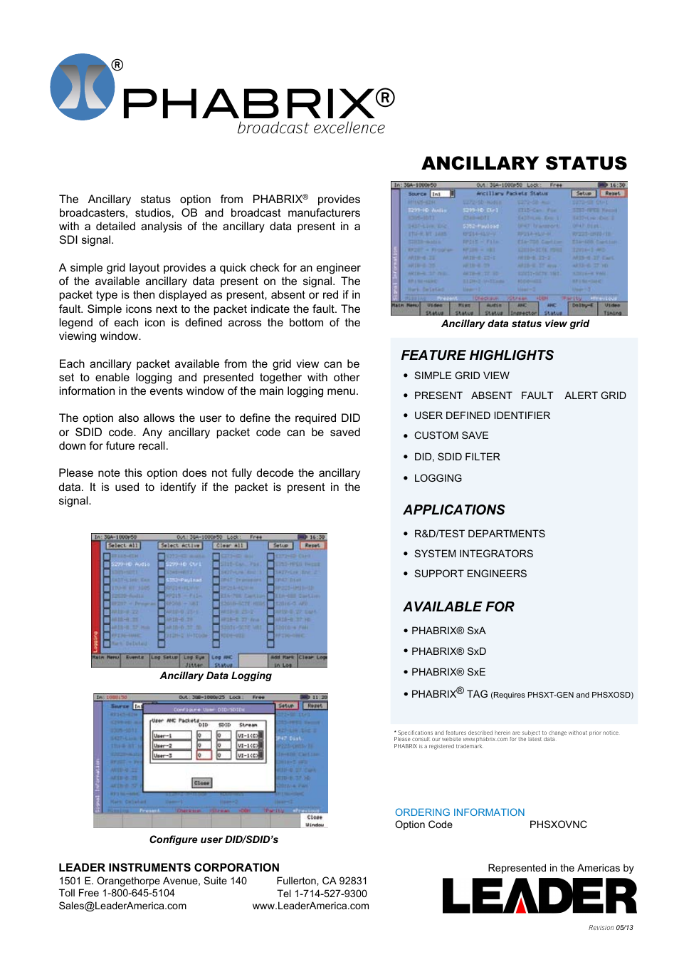 LEADER PHABRIX ANCILLARY STATUS User Manual | 1 page