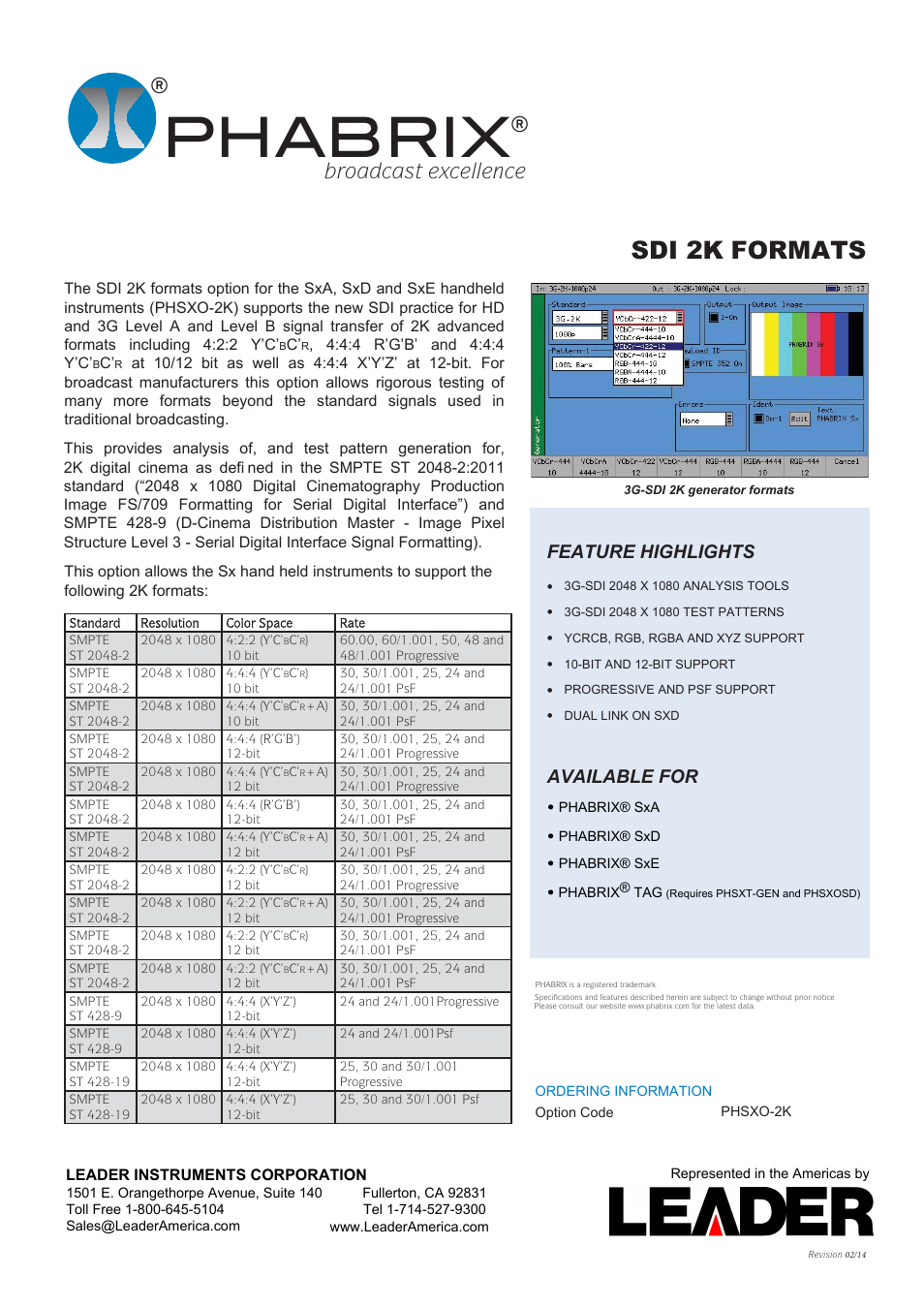 LEADER PHABRIX SDI 2K FORMATS User Manual | 1 page