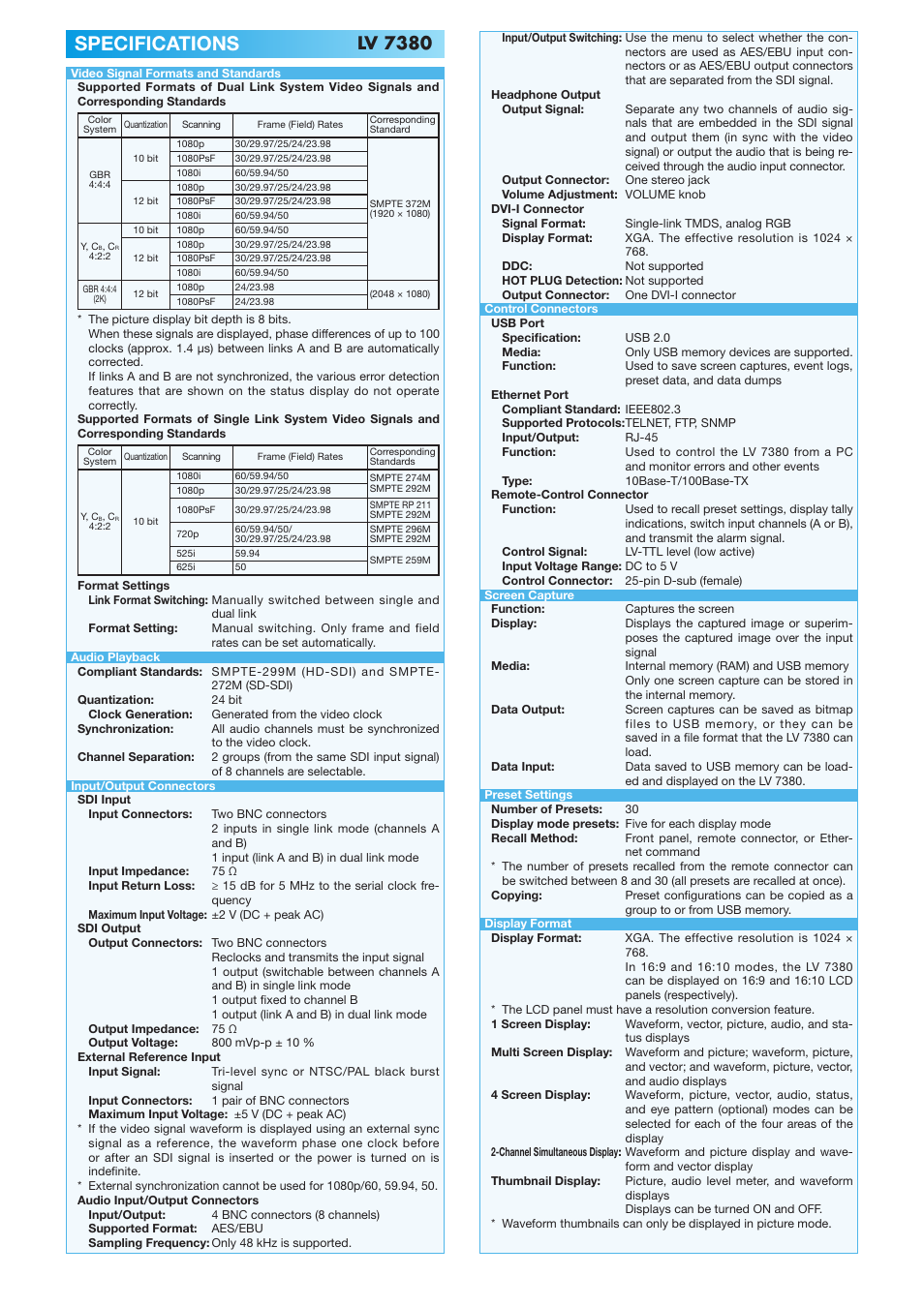 Specifications, Lv 7380 | LEADER LV7380 User Manual | Page 2 / 4