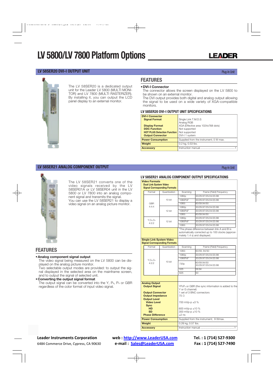 Features, Lv 58ser20 dvi-i output unit, Lv 58ser21 analog component output | LEADER LV7800 User Manual | Page 12 / 15