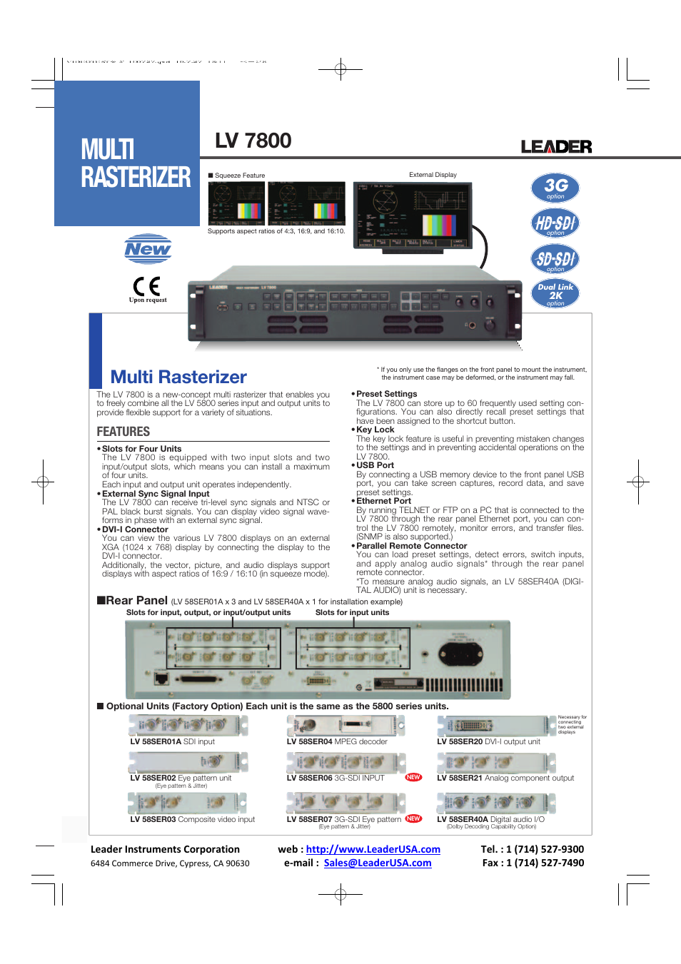 Multi rasterizer, Lv 7800, Features | I rear panel | LEADER LV7800 User Manual | Page 2 / 15