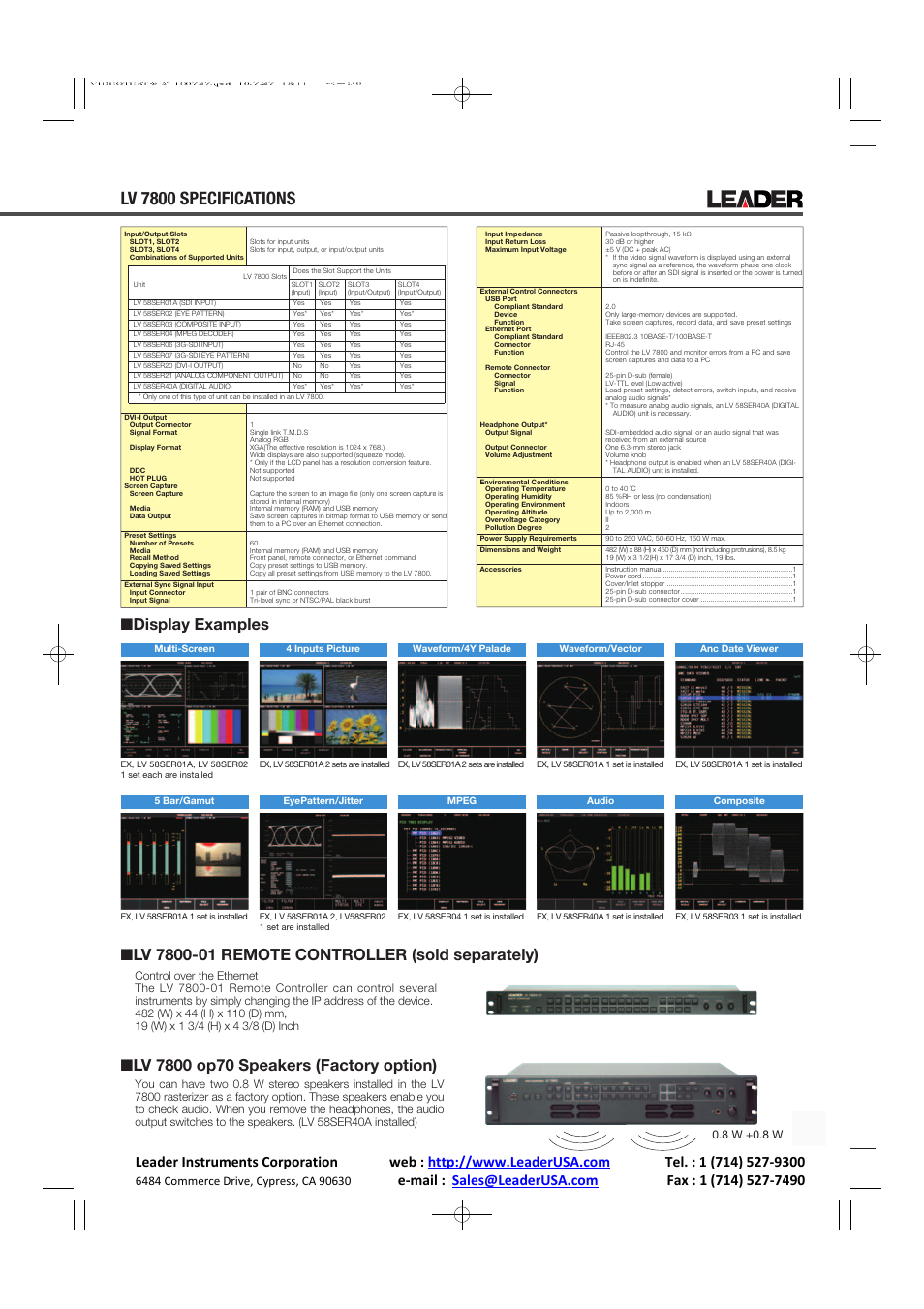 Lv 7800 specifications, 8 w +0.8 w | LEADER LV7800 User Manual | Page 3 / 15