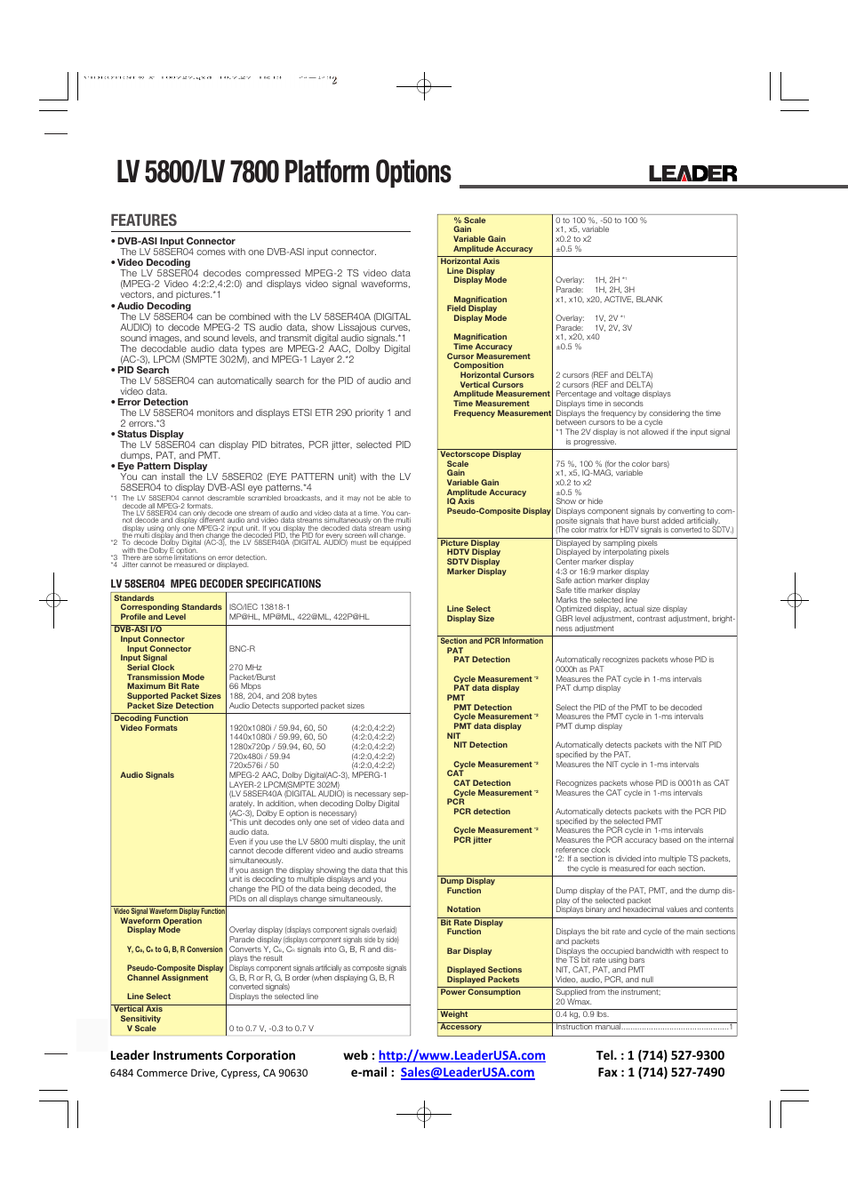 Features | LEADER LV7800 User Manual | Page 8 / 15