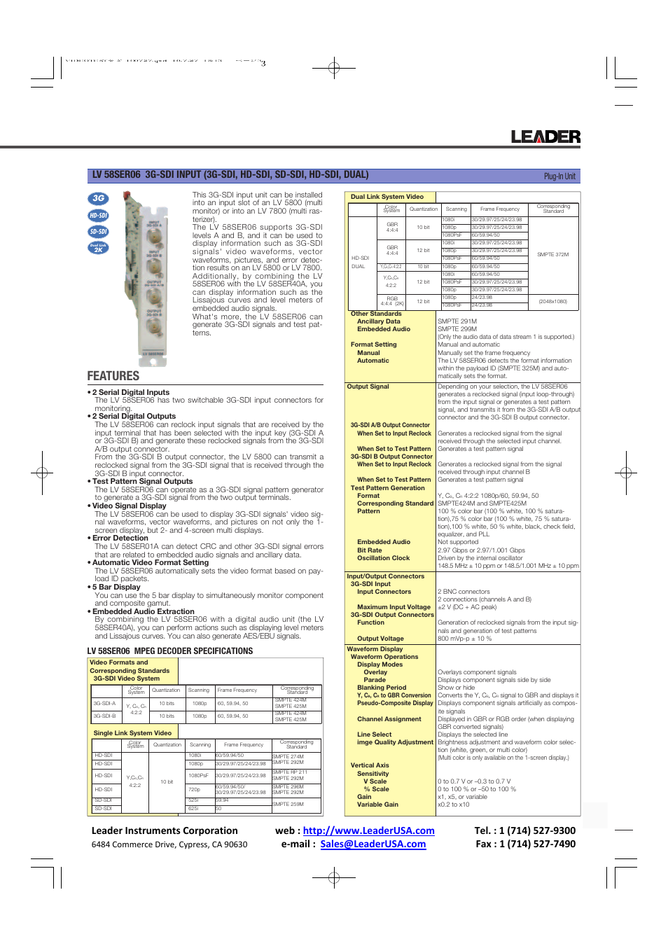 Features, Plug-in unit, Lv 58ser06 mpeg decoder specifications | LEADER LV7800 User Manual | Page 9 / 15