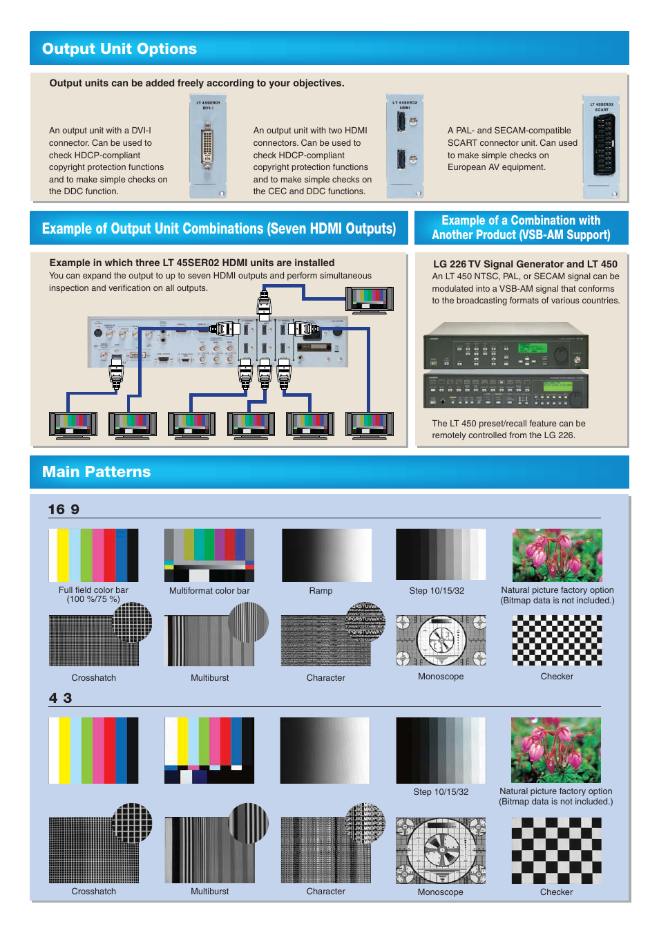 Main patterns, Output unit options | LEADER LT450 User Manual | Page 2 / 6