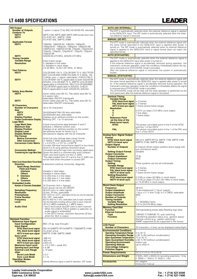 Lt 4400 specifications | LEADER LT4400 User Manual | Page 2 / 2