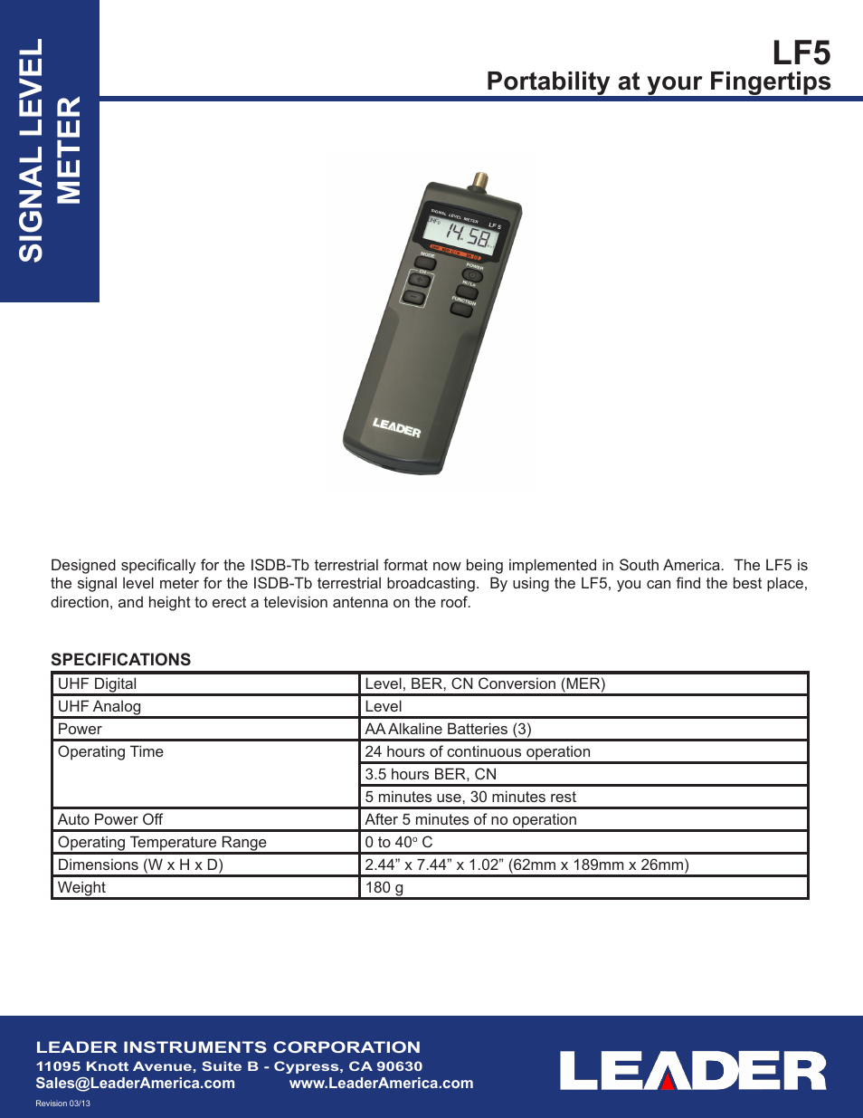 Signal level meter, Portability at your fingertips | LEADER LF52 User Manual | Page 2 / 2