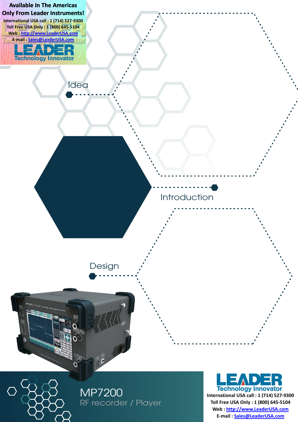 Mp7200, Introduction, Idea | Design, Rf recorder / player, Available in the americas | LEADER MP7200 User Manual | Page 2 / 6