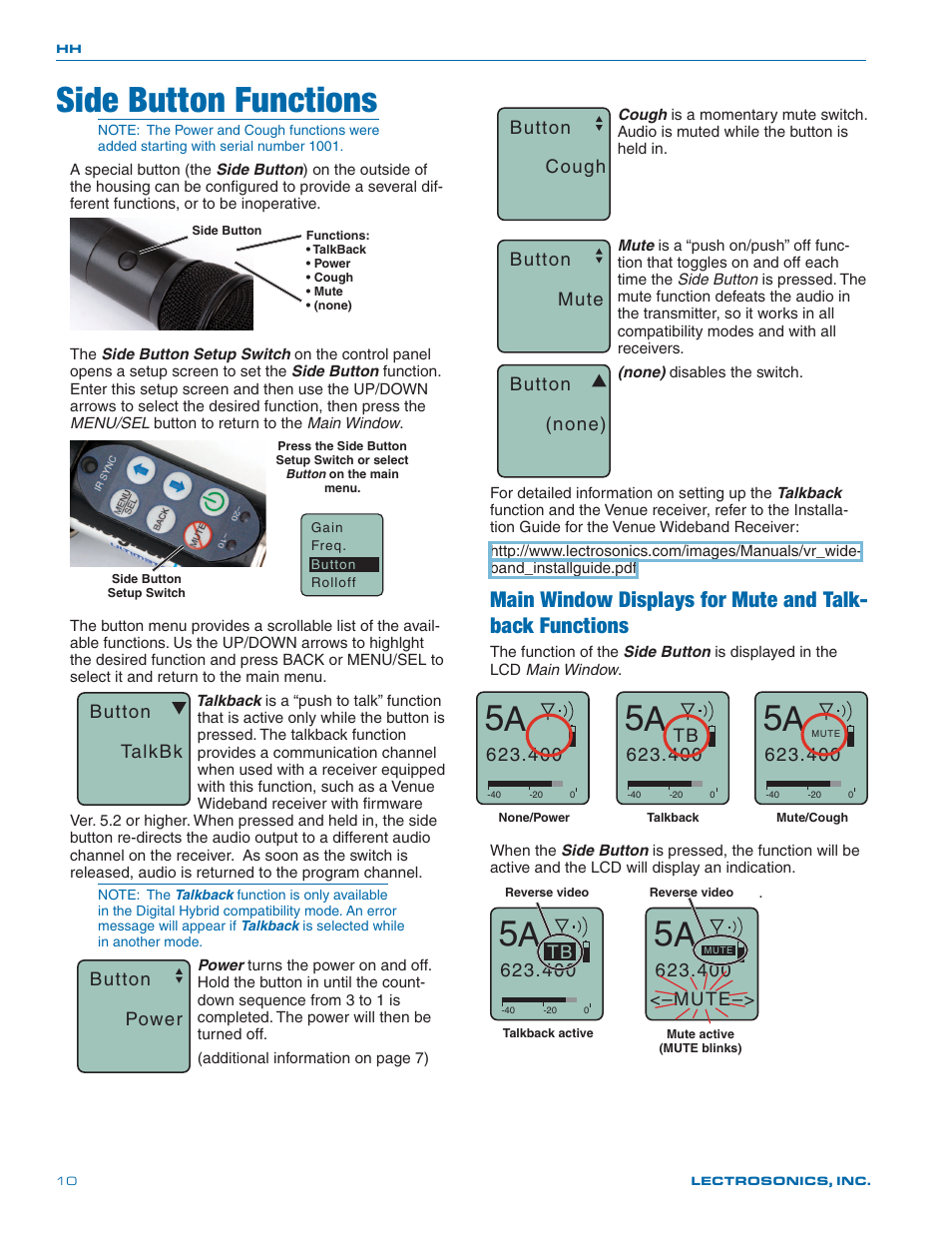 Side button functions | Lectrosonics HH User Manual | Page 10 / 16