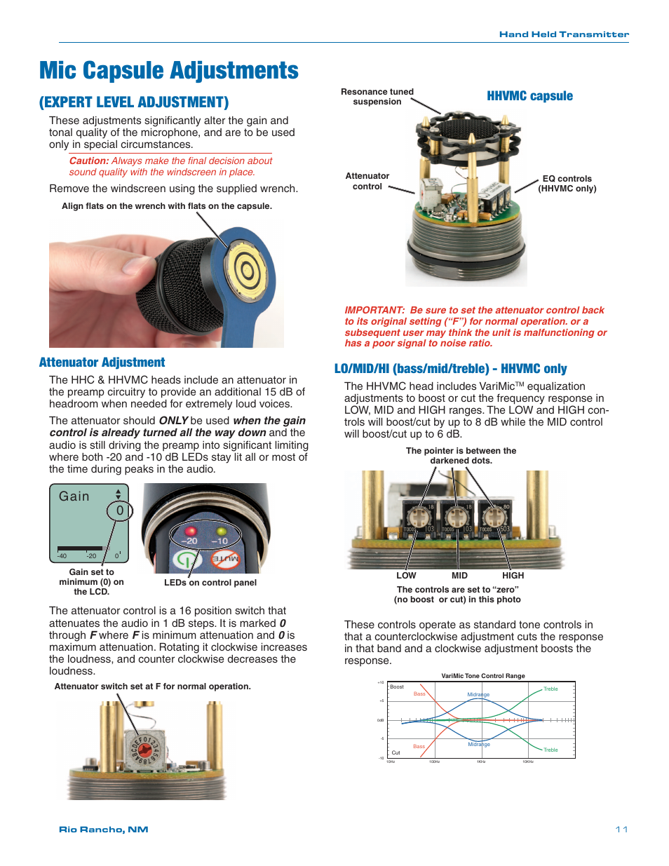 Mic capsule adjustments, Expert level adjustment), Lo/mid/hi (bass/mid/treble) - hhvmc only | Attenuator adjustment, Hhvmc capsule, Gain 0 | Lectrosonics HH User Manual | Page 11 / 16