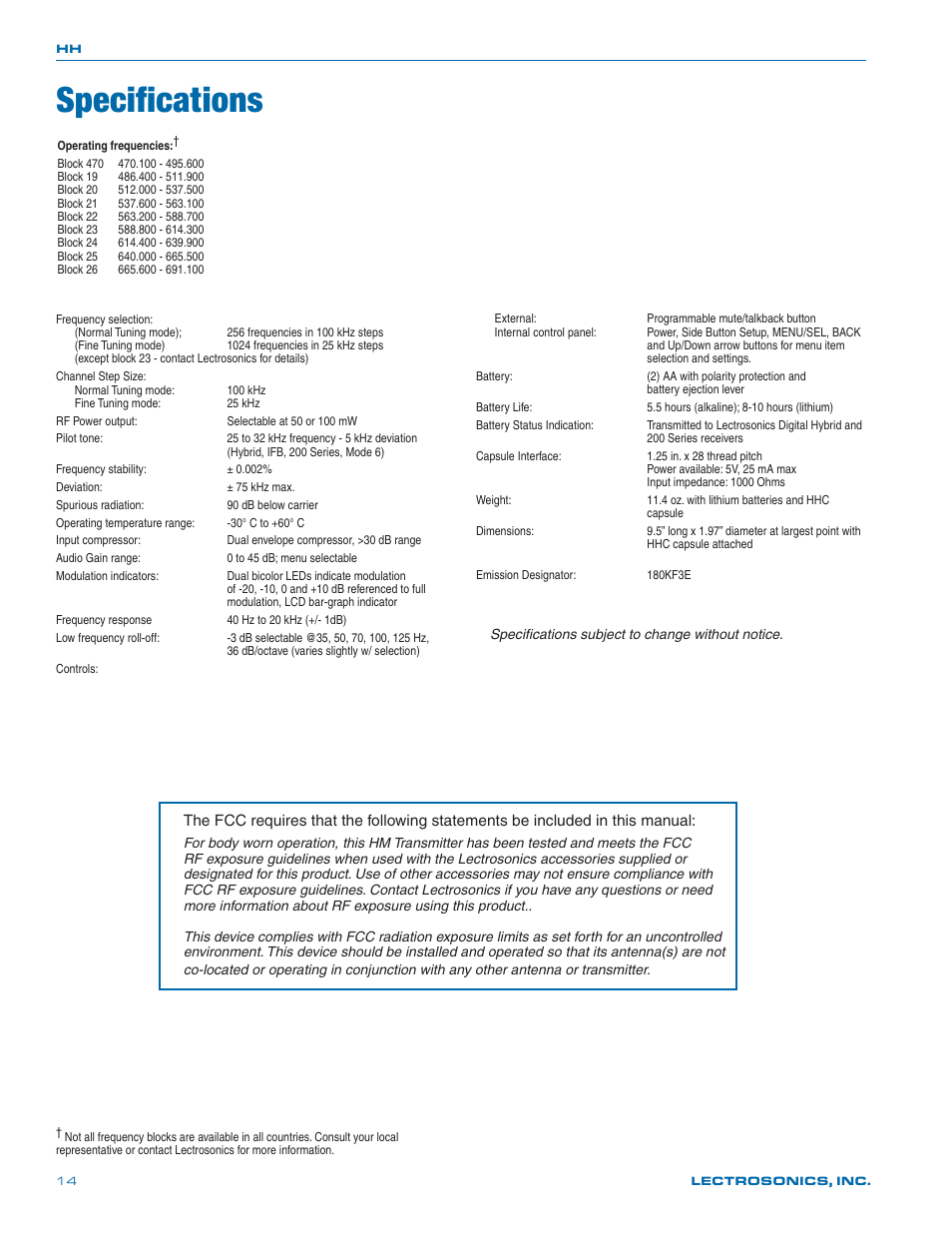 Specifications | Lectrosonics HH User Manual | Page 14 / 16