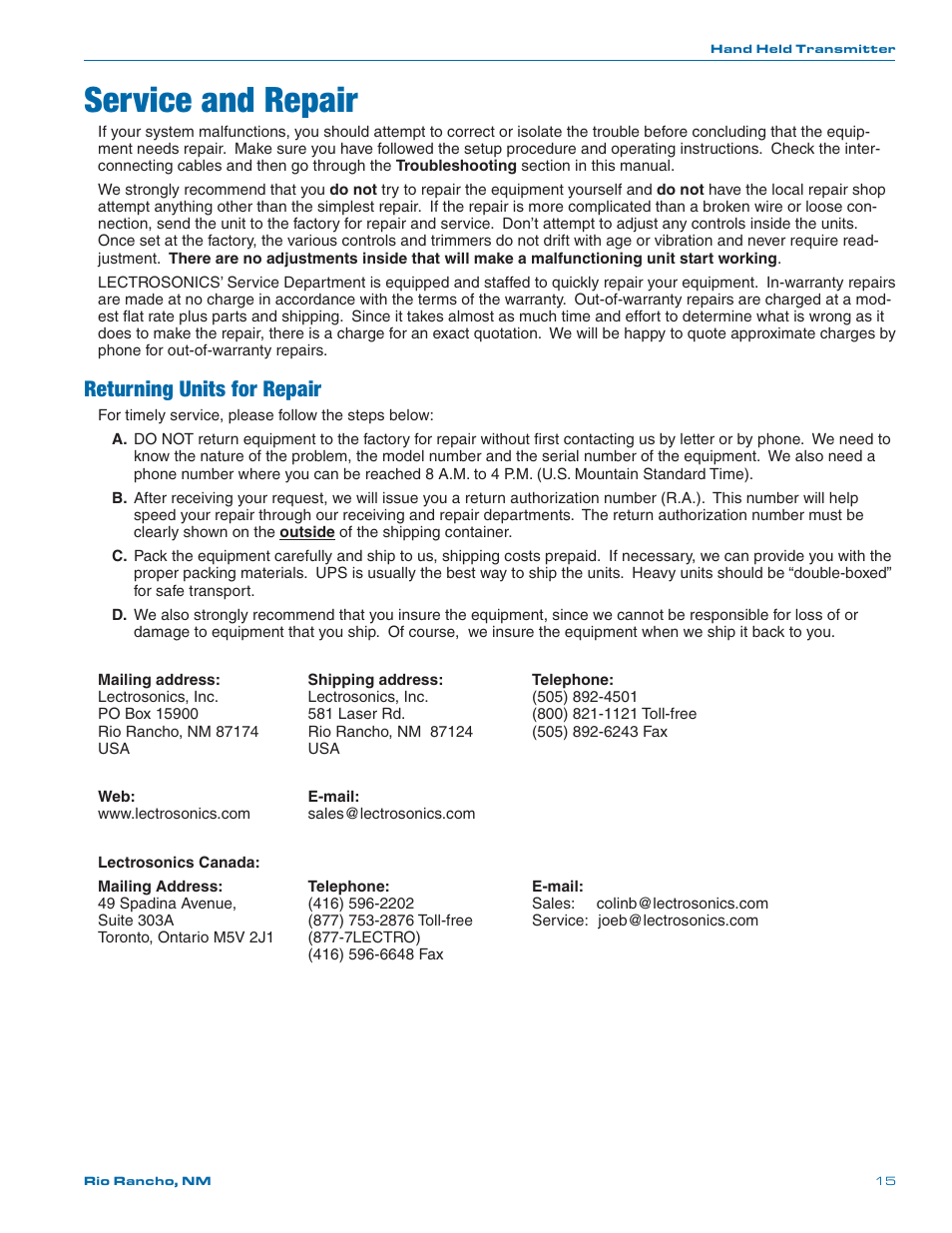 Service and repair, Returning units for repair | Lectrosonics HH User Manual | Page 15 / 16