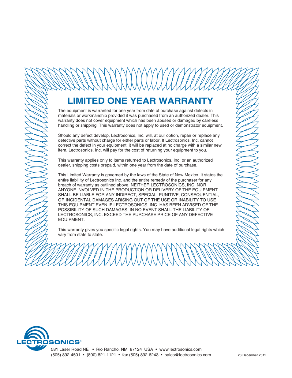 Limited one year warranty | Lectrosonics HH User Manual | Page 16 / 16