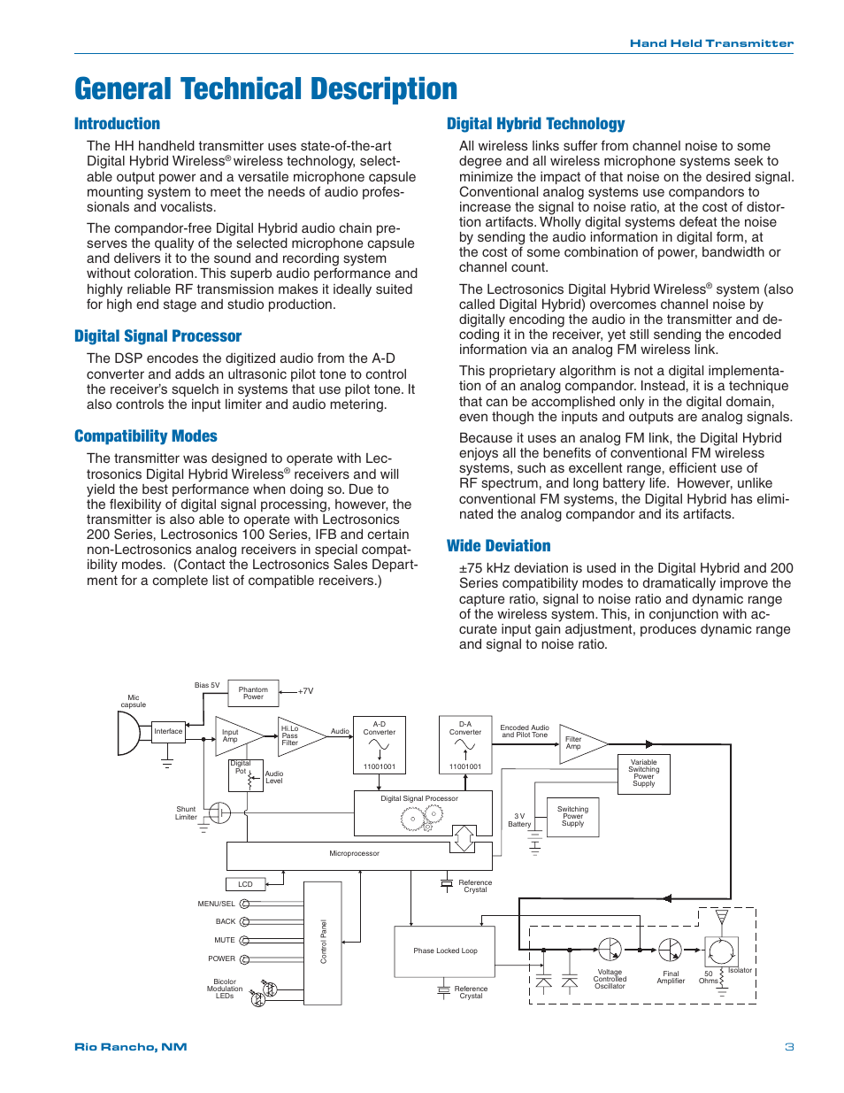 General technical description, Introduction, Digital signal processor | Compatibility modes, Digital hybrid technology, Wide deviation | Lectrosonics HH User Manual | Page 3 / 16