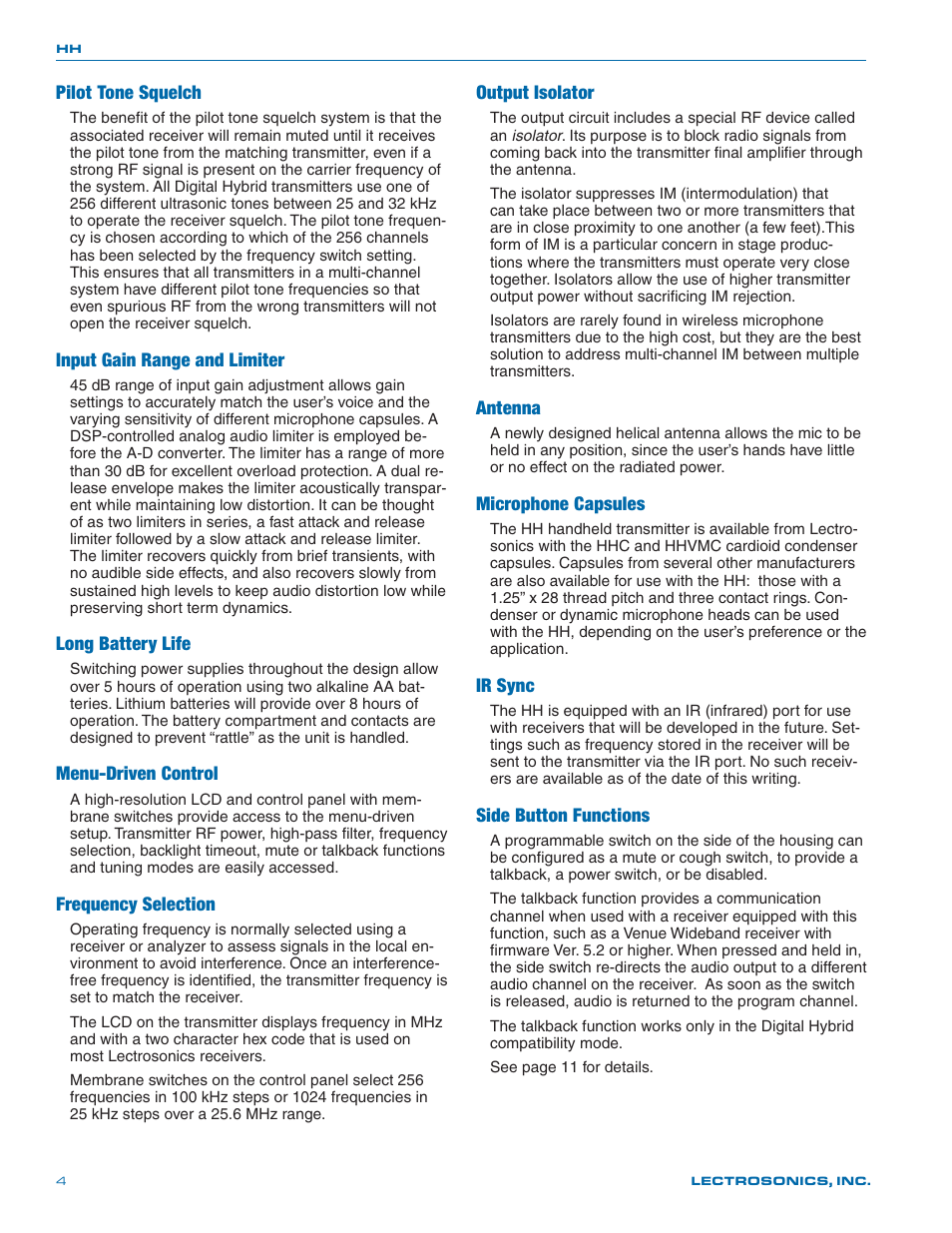 Pilot tone squelch, Input gain range and limiter, Long battery life | Menu-driven control, Frequency selection, Output isolator, Antenna, Microphone capsules, Ir sync, Side button functions | Lectrosonics HH User Manual | Page 4 / 16