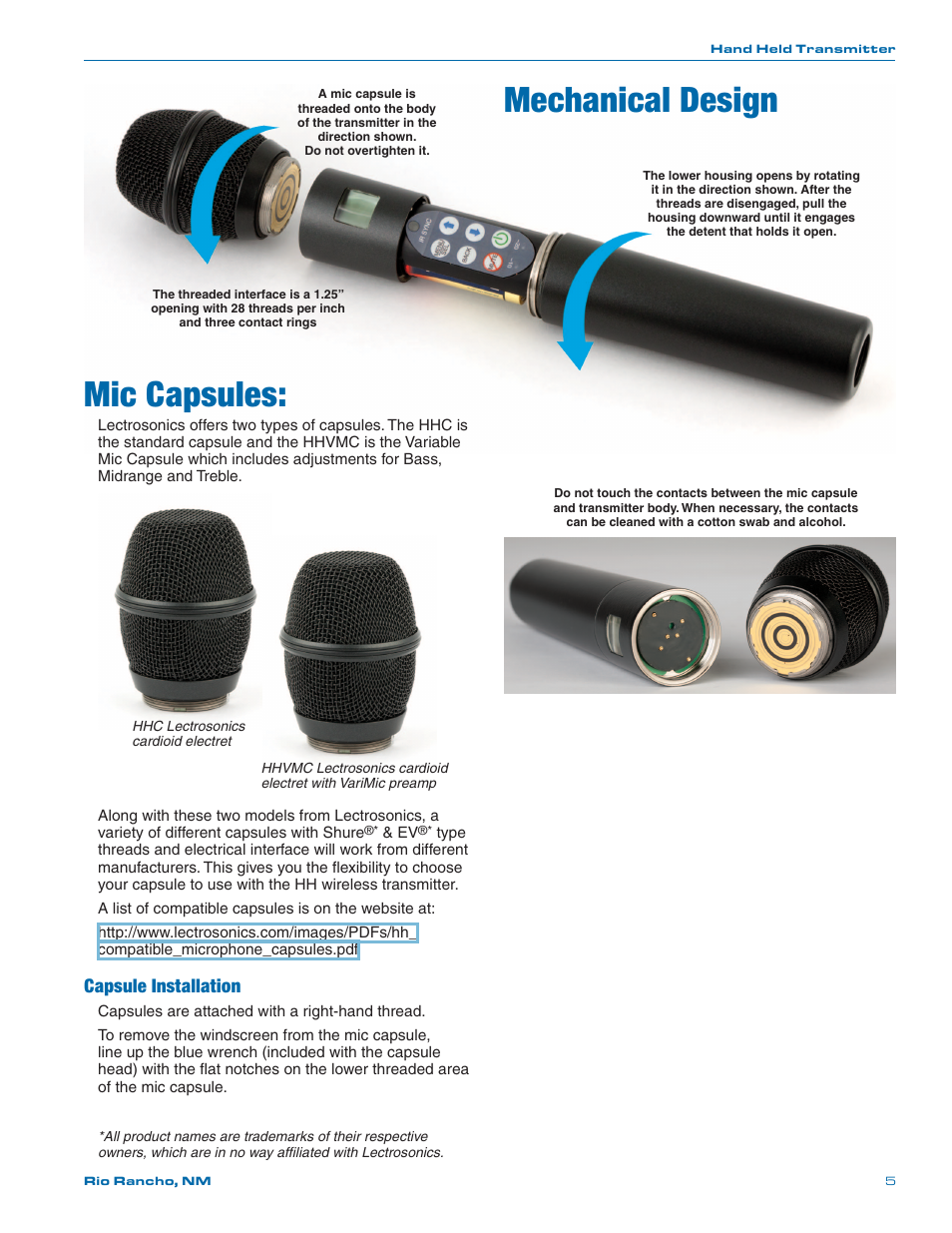 Mic capsules, Mechanical design, Capsule installation | Lectrosonics HH User Manual | Page 5 / 16