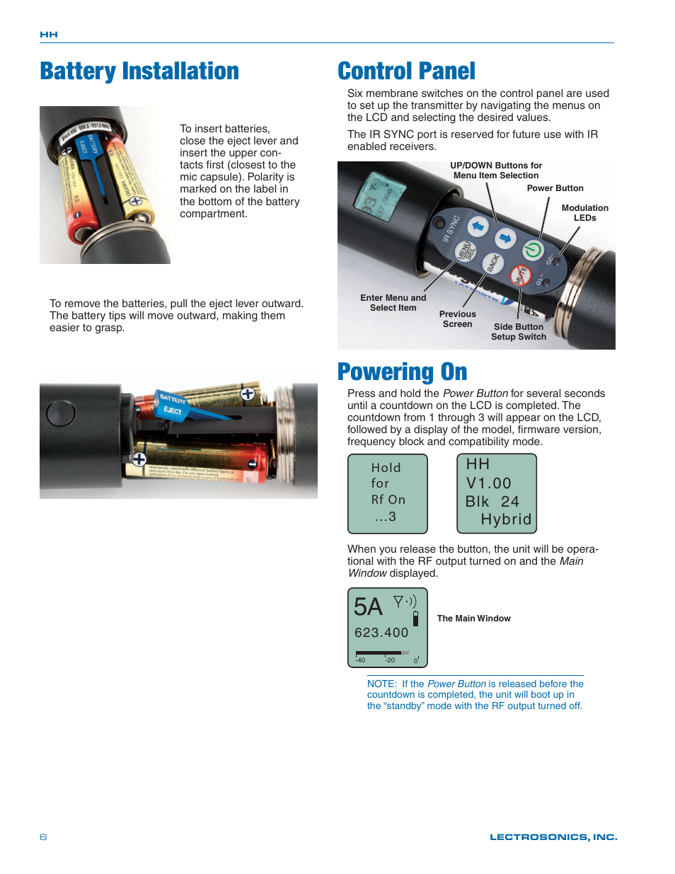 Battery installation, Control panel, Powering on | Battery installation control panel | Lectrosonics HH User Manual | Page 6 / 16