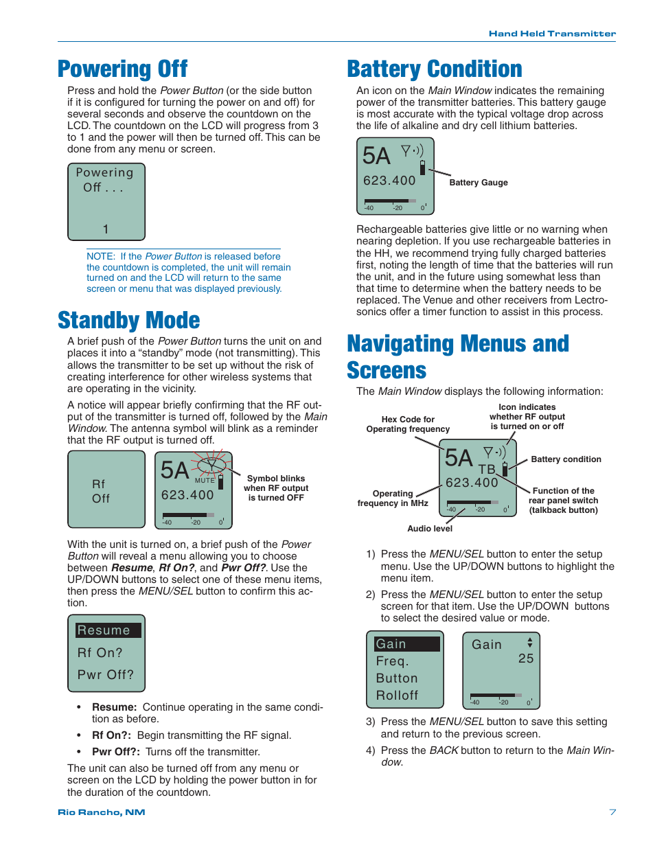 Powering off, Standby mode, Battery condition | Navigating menus and screens | Lectrosonics HH User Manual | Page 7 / 16